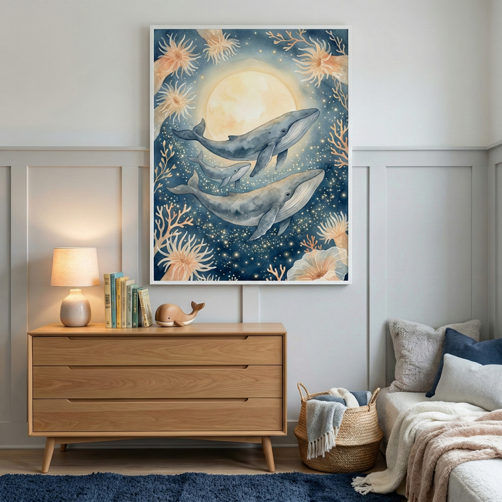 A framed watercolor-style wall art of three whales swimming in a starry ocean beneath a large glowing moon hangs on a light gray paneled wall. Below the artwork sits a three-drawer light wood dresser decorated with a small lamp, a row of books, and a carved wooden whale figurine. To the right, a woven basket filled with blankets rests on the floor next to a daybed with decorative pillows and a cream-colored knit throw. A plush navy blue rug is in the foreground.