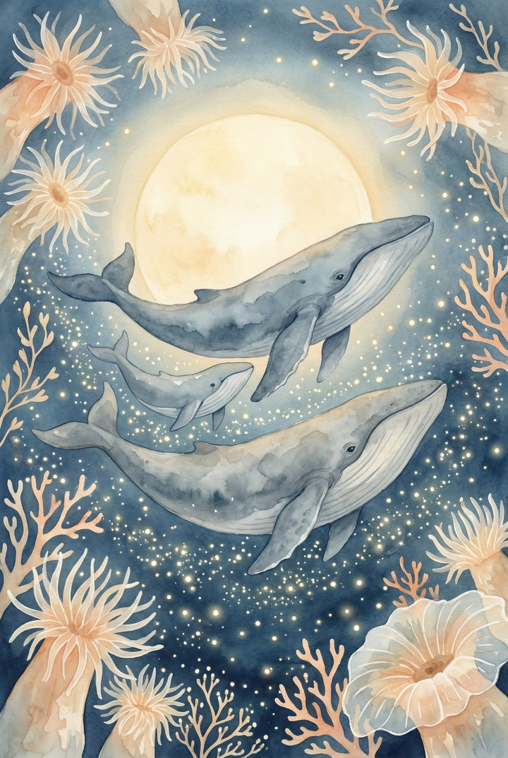 Whimsical underwater scene of a whale family gliding through glowing water filled with sparkles and sea anemones. A full moon lights up the deep sea sky.
