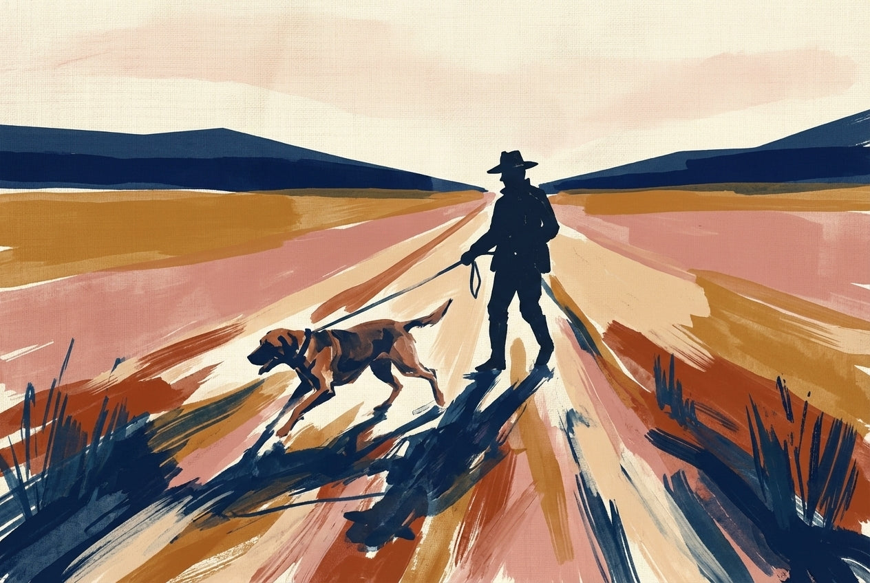 A man in a wide-brimmed hat walks a dog on a leash along a wide country road, with bold strokes of red, tan, and navy forming the landscape and casting strong shadows.
