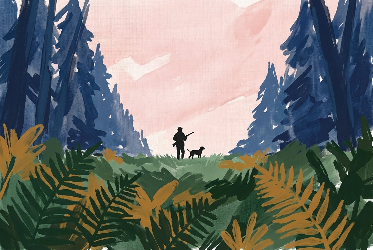 Silhouetted figure of a hunter with a dog standing in a sunlit forest clearing, framed by tall pine trees and green and gold underbrush beneath a pink sky.

