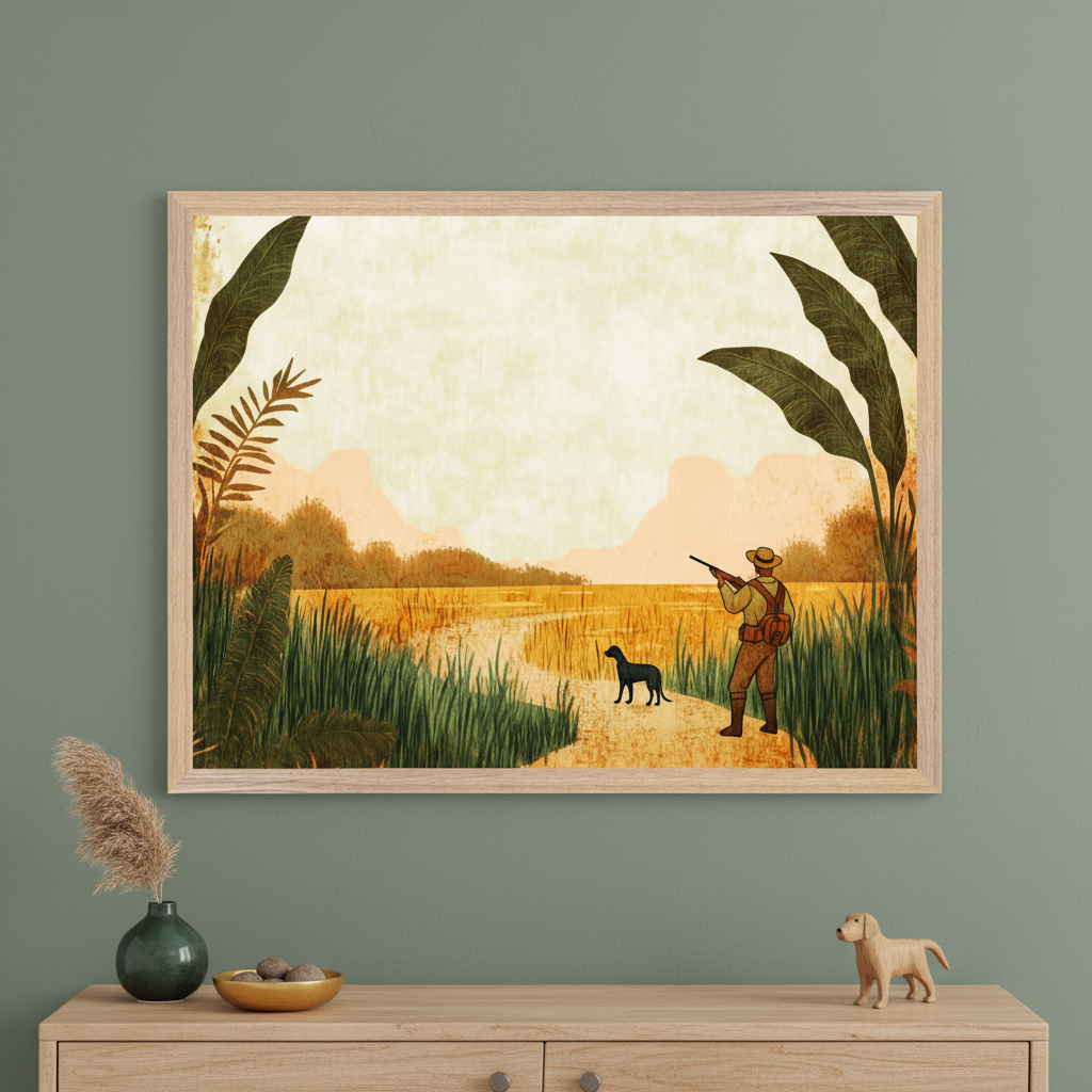 Modern living room with a light wood dresser. A large framed hunting scene illustration of a man with a rifle and a black dog in a reedy marsh hangs above the dresser.
