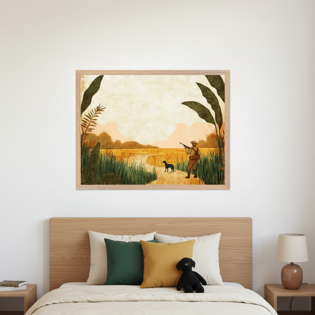Modern bedroom with a wooden headboard bed. A framed illustration of a hunter with a dog walking through a marshland at sunset hangs centered above the bed.