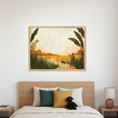 Modern bedroom with a wooden headboard bed. A framed illustration of a hunter with a dog walking through a marshland at sunset hangs centered above the bed.