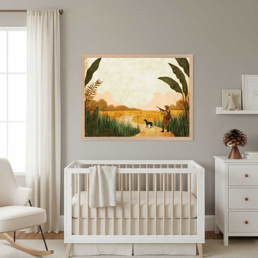 Modern nursery with a white crib, rocking chair, and dresser. A large framed illustrated print of a hunter and a black dog in a golden marsh hangs centered above the crib.