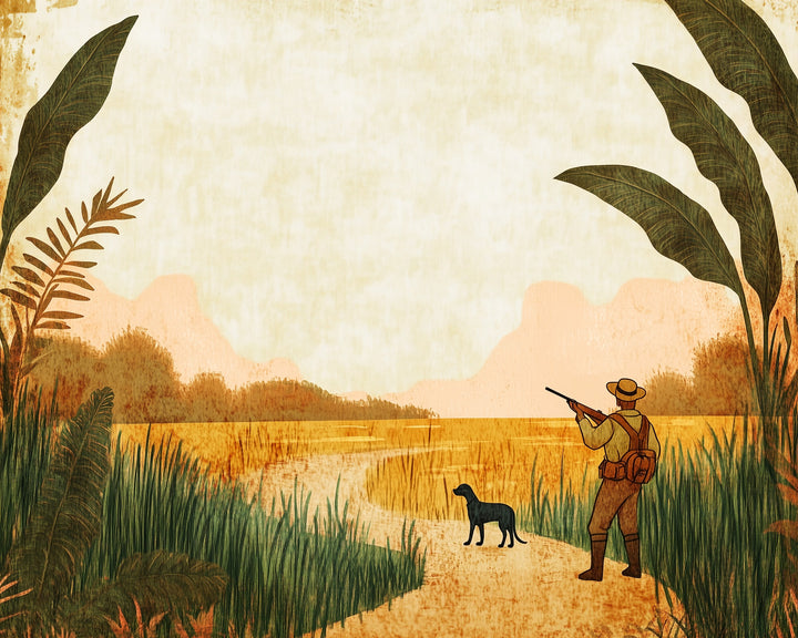 A vintage-style illustration depicts a hunter with a hat and rifle standing beside a black dog on a winding path. Tall grasses and large leaves frame the scene, leading to a golden field under a pale sky, with distant mountains in the background.