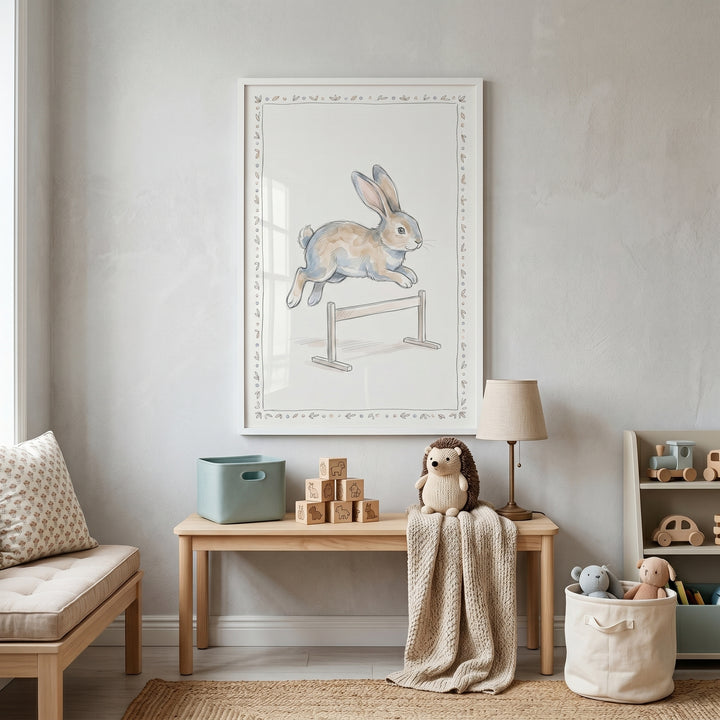 Neutral nursery featuring hurdle rabbit wall art above a bench with toy blocks, a hedgehog, and a storage basket.