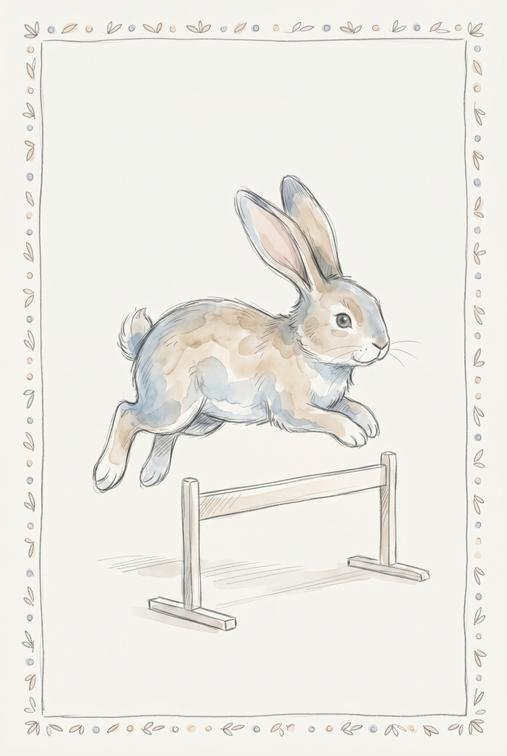 Watercolor sketch of a bunny jumping over a wooden hurdle rabbit wall art with a decorative leaf border.