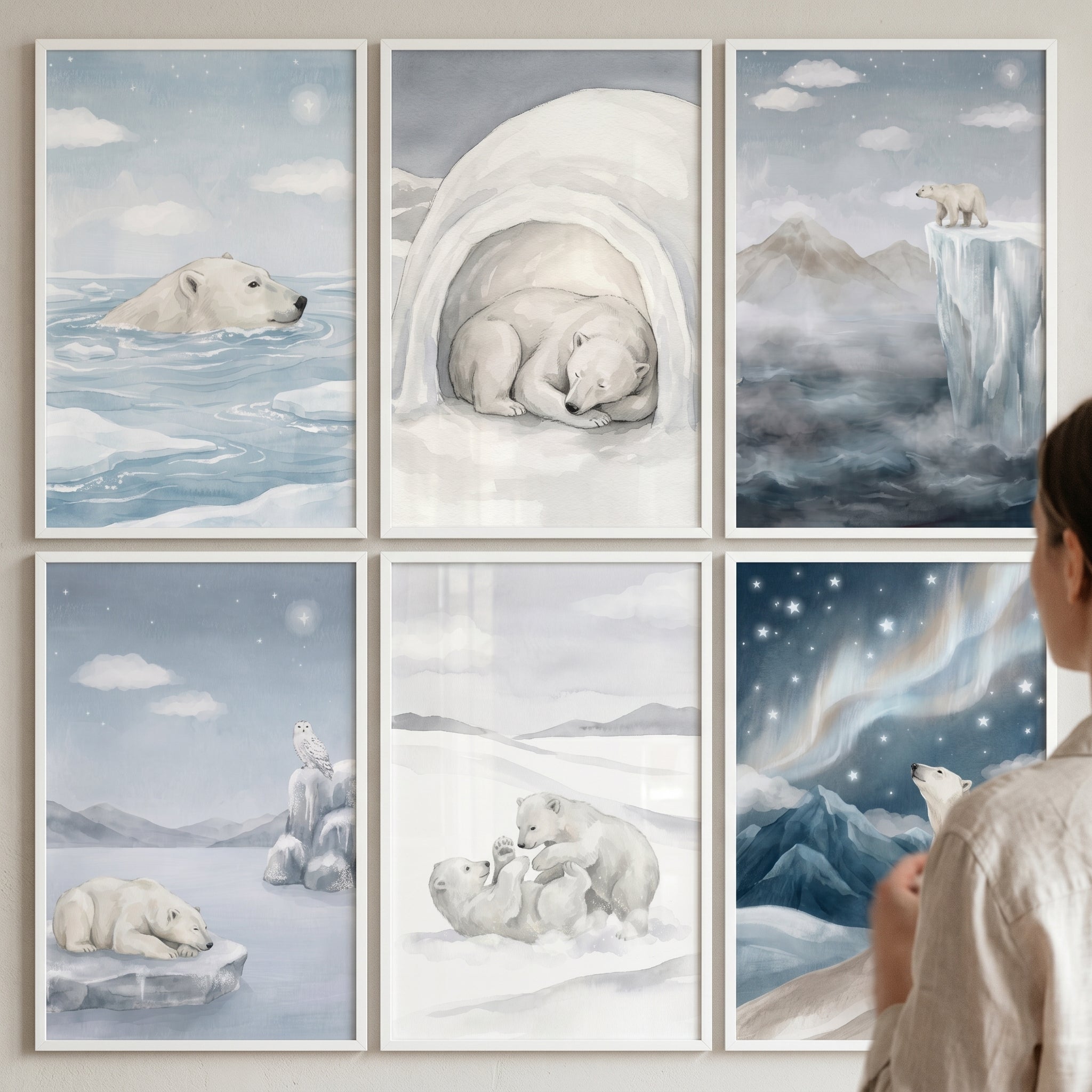 Ice Blue Polar Bear Wall Art Set of 6 - Winter Polar Tales