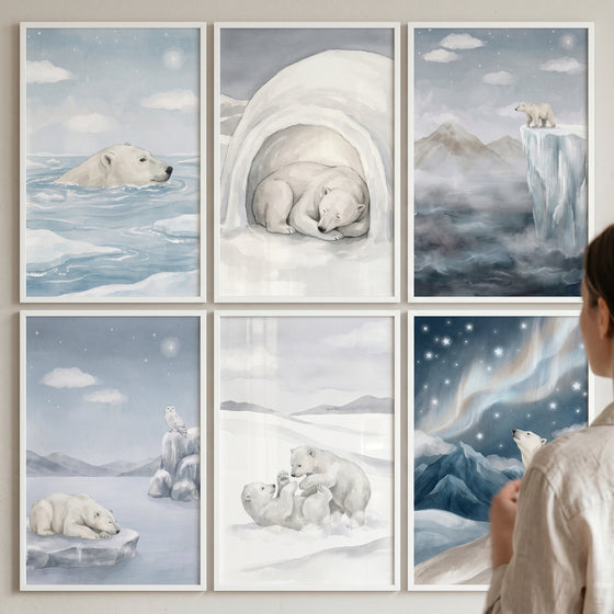 Ice blue polar bear wall art set of 6 features soft watercolor scenes of bears in snowy Arctic landscapes and night skies.