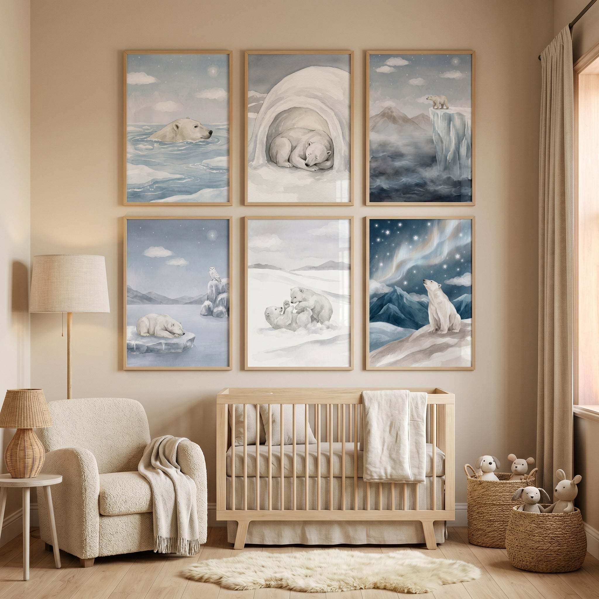 Ice Blue Polar Bear Wall Art Set of 6 - Winter Polar Tales