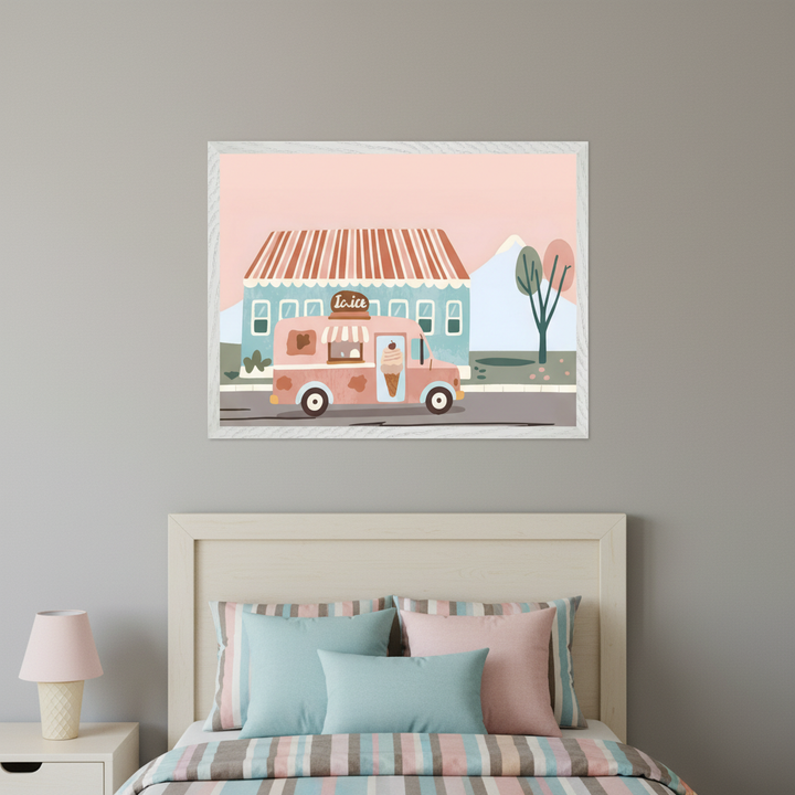 Kid's bedroom with a light wooden bed and pastel striped bedding. A framed, pastel cartoon illustration of a pink ice cream truck on a street with a building, mountains, and trees in the background hangs above the bed. A pink lamp is on a white nightstand.