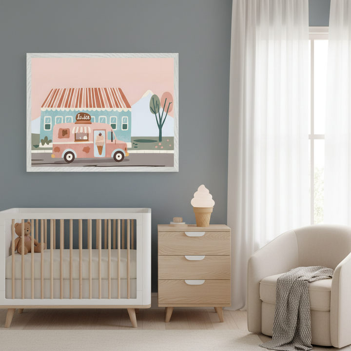 Modern nursery with a white crib, light wood dresser, and cream armchair. A large framed illustration of a pink ice cream truck outside a blue building with mountains hangs on the blue-gray wall above the crib and dresser. An ice cream cone lamp sits on the dresser.