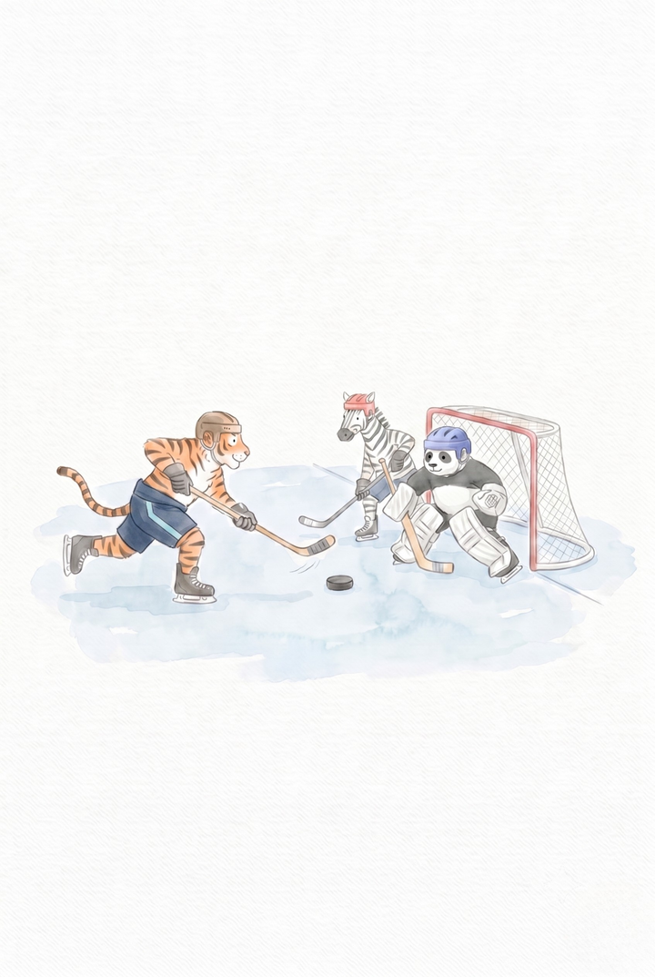 Watercolor ice hockey goalie animals wall art featuring a tiger, zebra, and panda playing hockey on an ice rink.