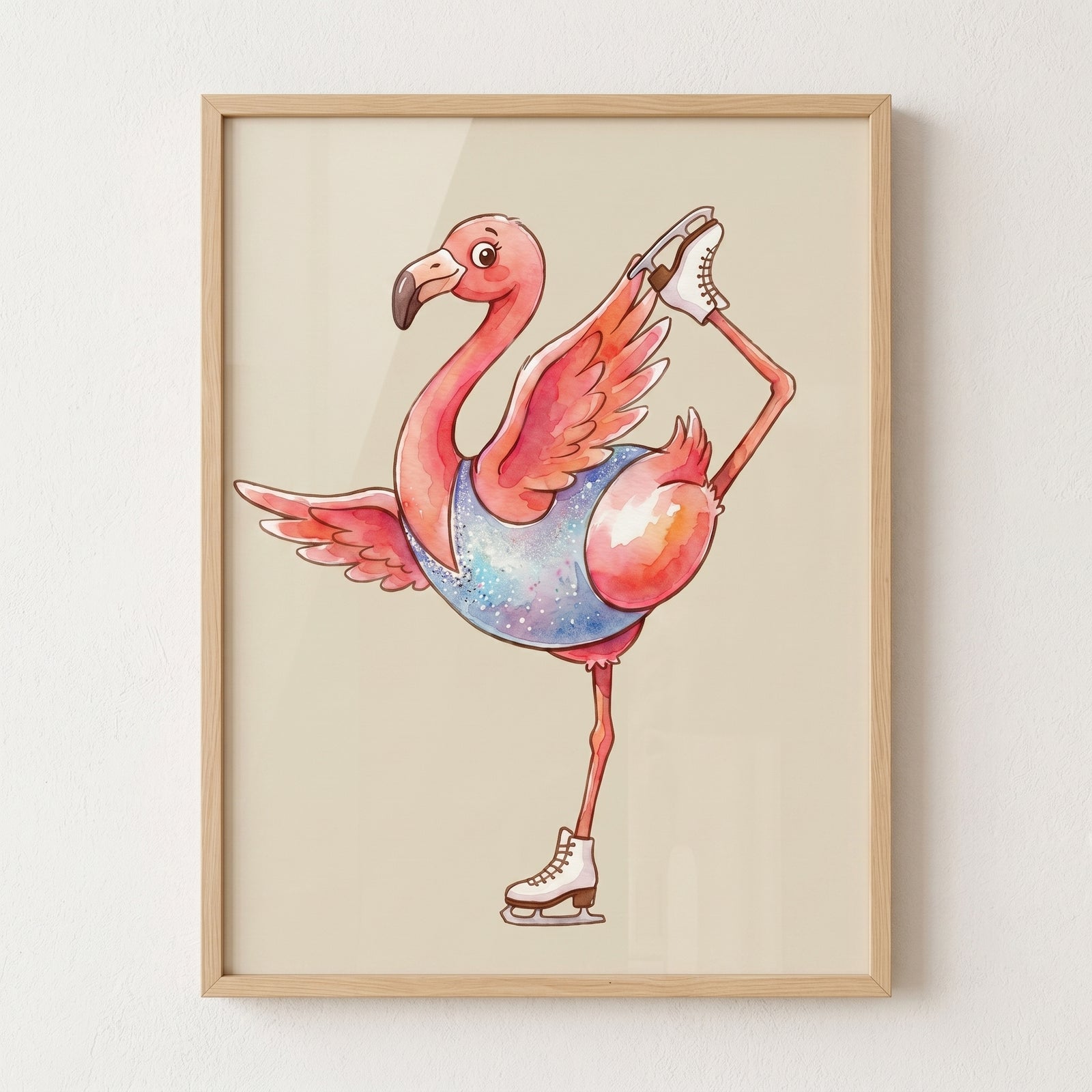 Framed ice skating flamingo wall art shows a pink bird wearing white ice skates and a glittery blue bodysuit.