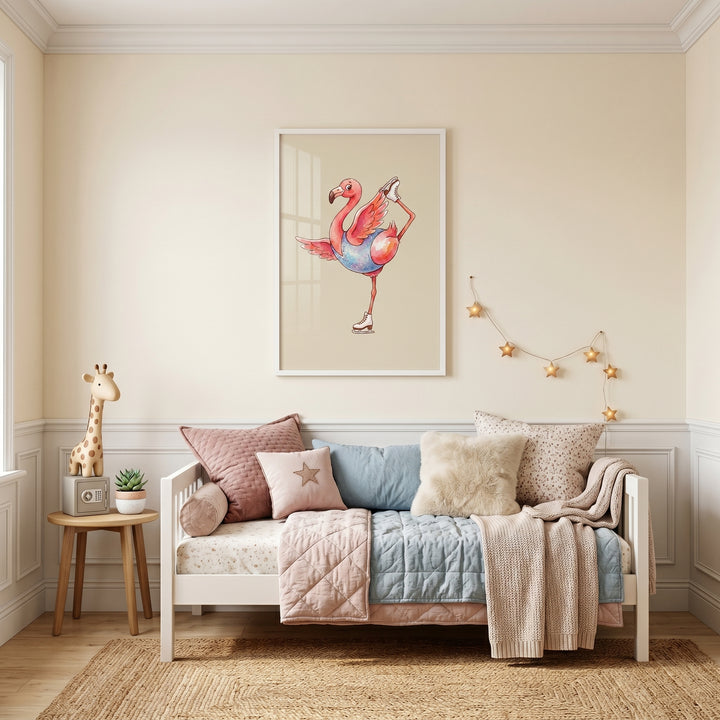 Ice skating flamingo wall art hangs above a white daybed with pink and blue pillows in a cozy, cream-toned nursery.