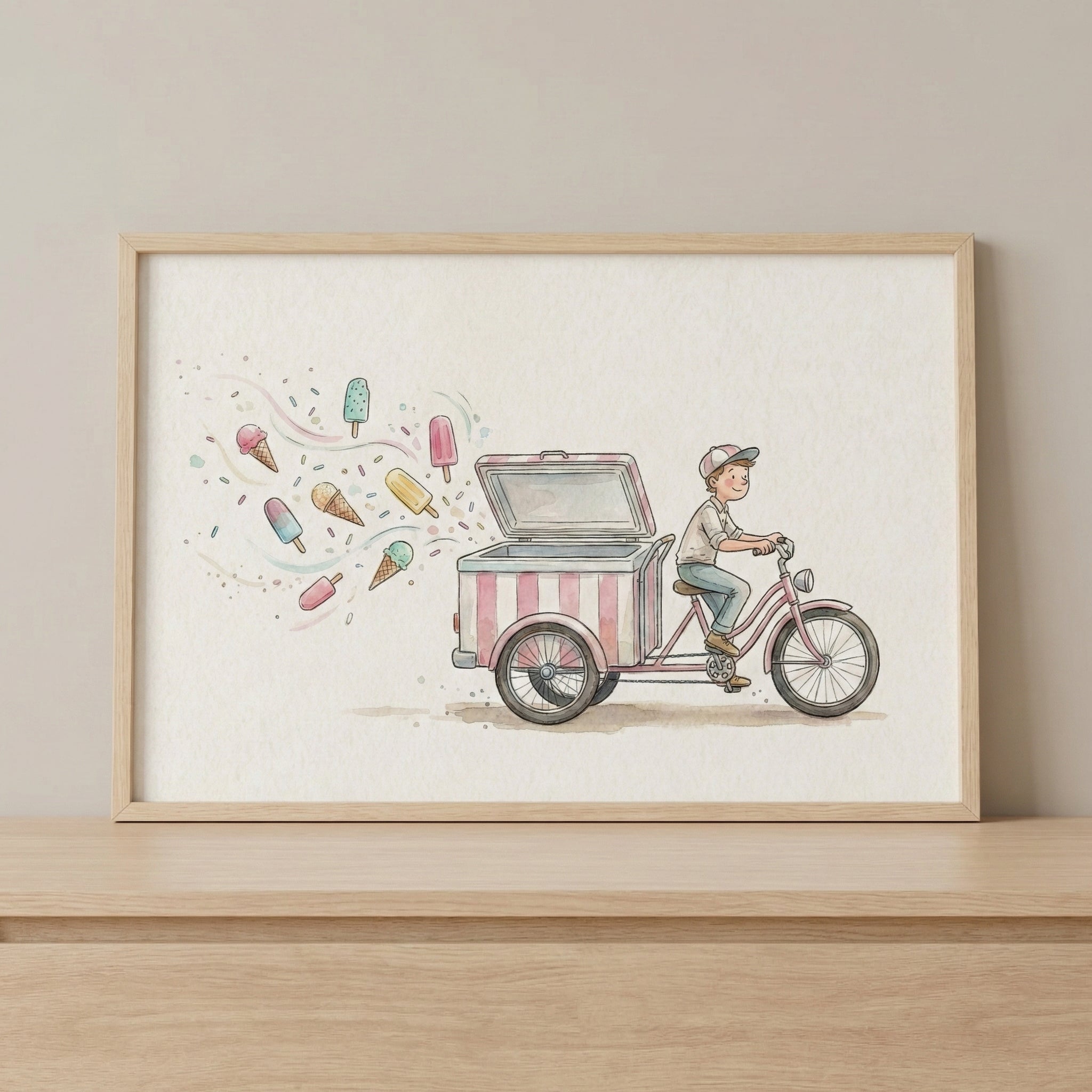 A framed watercolor illustration of a boy riding a pink ice cream bike cart with a striped cooler, open and releasing a swirl of colorful ice cream cones and popsicles. The playful dessert imagery adds motion and cheer to the soft-toned setting.