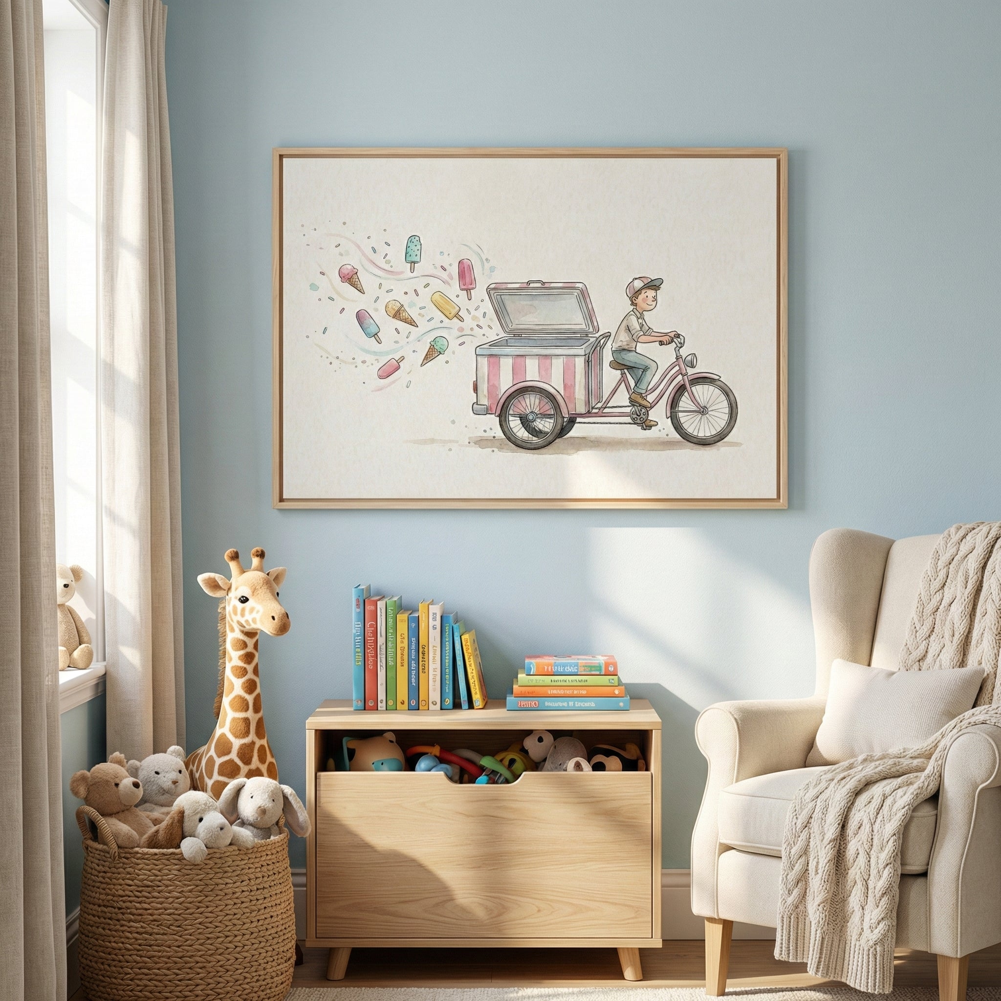 A pastel-colored kids' room features a large framed painting of a smiling boy pedaling an ice cream tricycle cart with frozen treats floating from the back. Surrounded by toys, books, and stuffed animals, the food-themed artwork brings a fun, whimsical vibe to the cozy space.