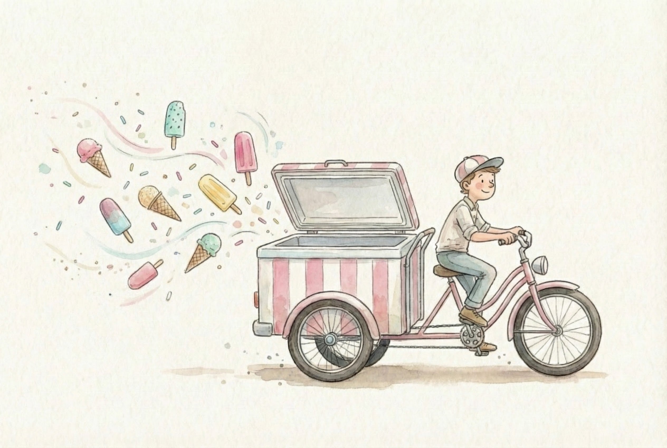 Whimsical watercolor illustration of a cheerful young boy riding a pink and white striped ice cream tricycle cart. The cart's lid is open, with colorful ice cream cones, popsicles, and sprinkles playfully flying out the back, creating a joyful and nostalgic summertime scene.