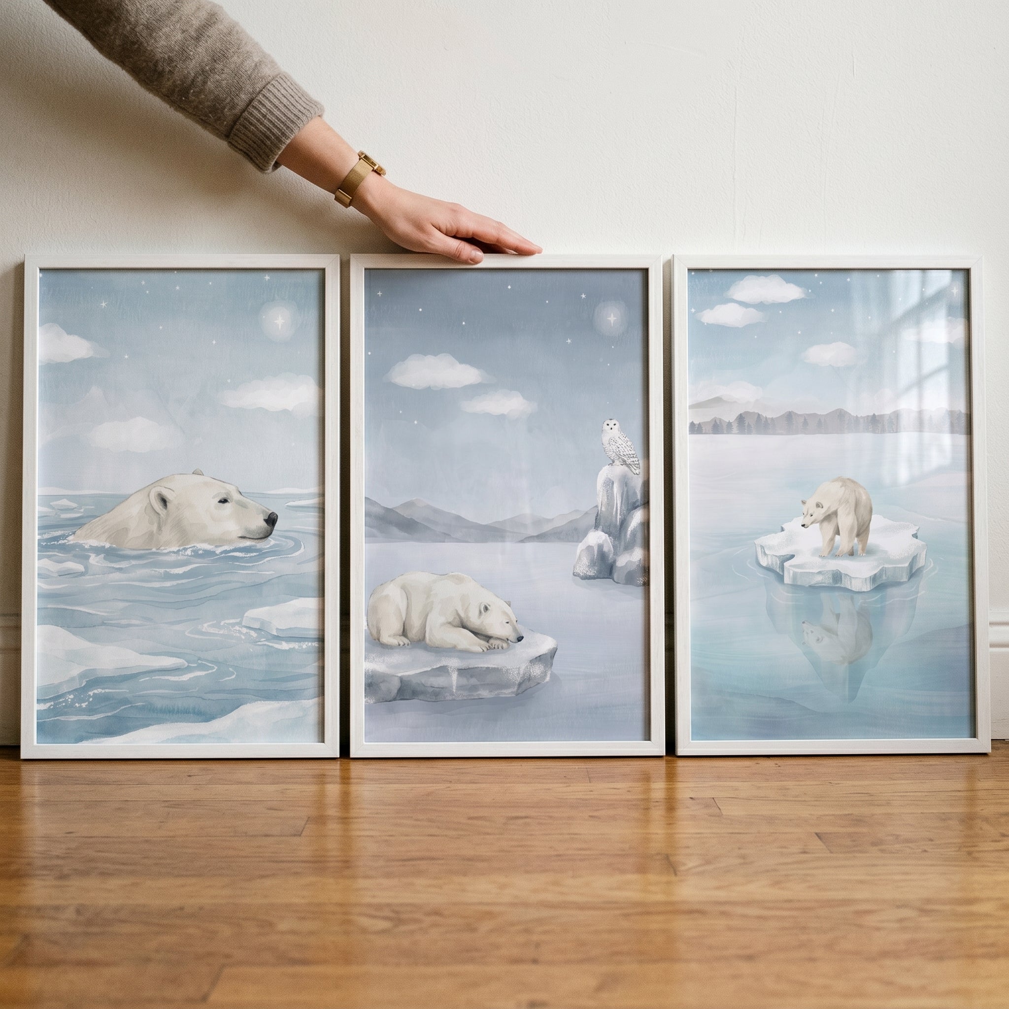 Icy Arctic Polar Bear Wall Art Set of 3 - Polar Bear Peace