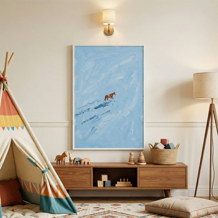 An image of a serene and modern child's nursery or playroom. To the left, a play tent with white and earth-toned patterned canvas panels creates a cozy corner. Centered on the light-colored wall is a large, vertical art piece framed in white, depicting a small brown horse on a vast, textured light blue surface.