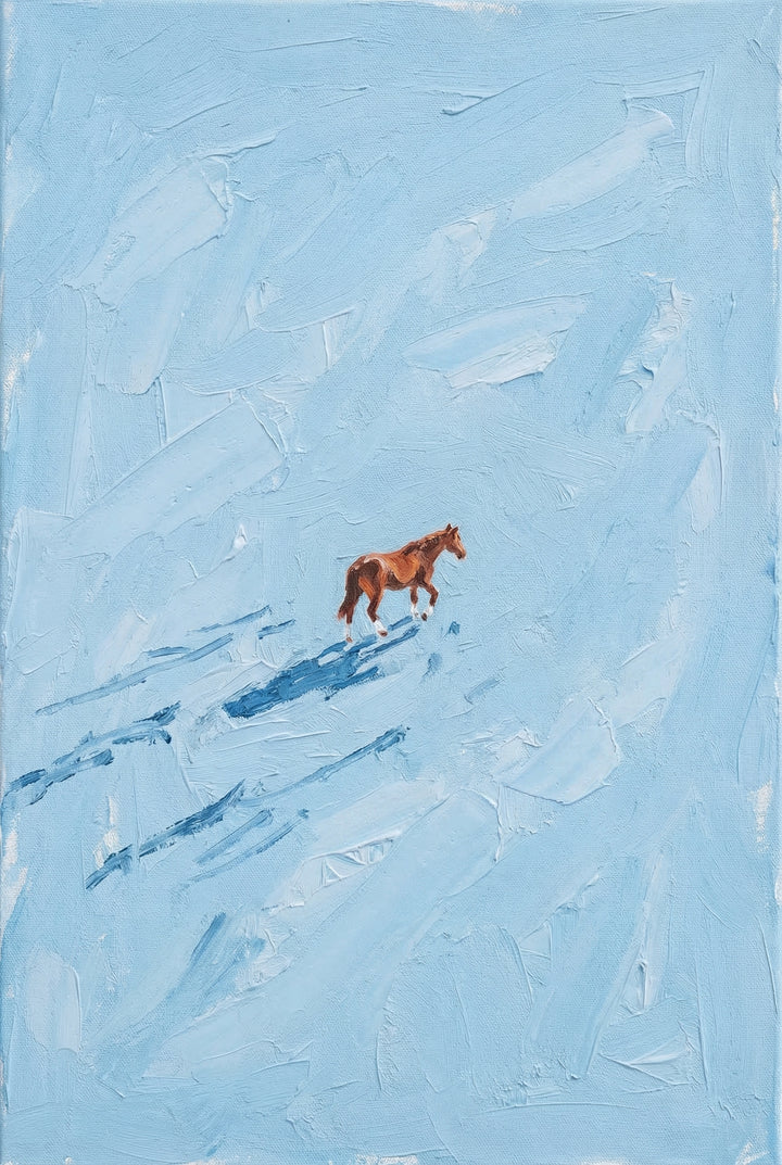A small brown horse walks across a pale blue abstract background with soft textured brushstrokes. The minimal composition draws attention to the horse’s quiet movement across the space.
