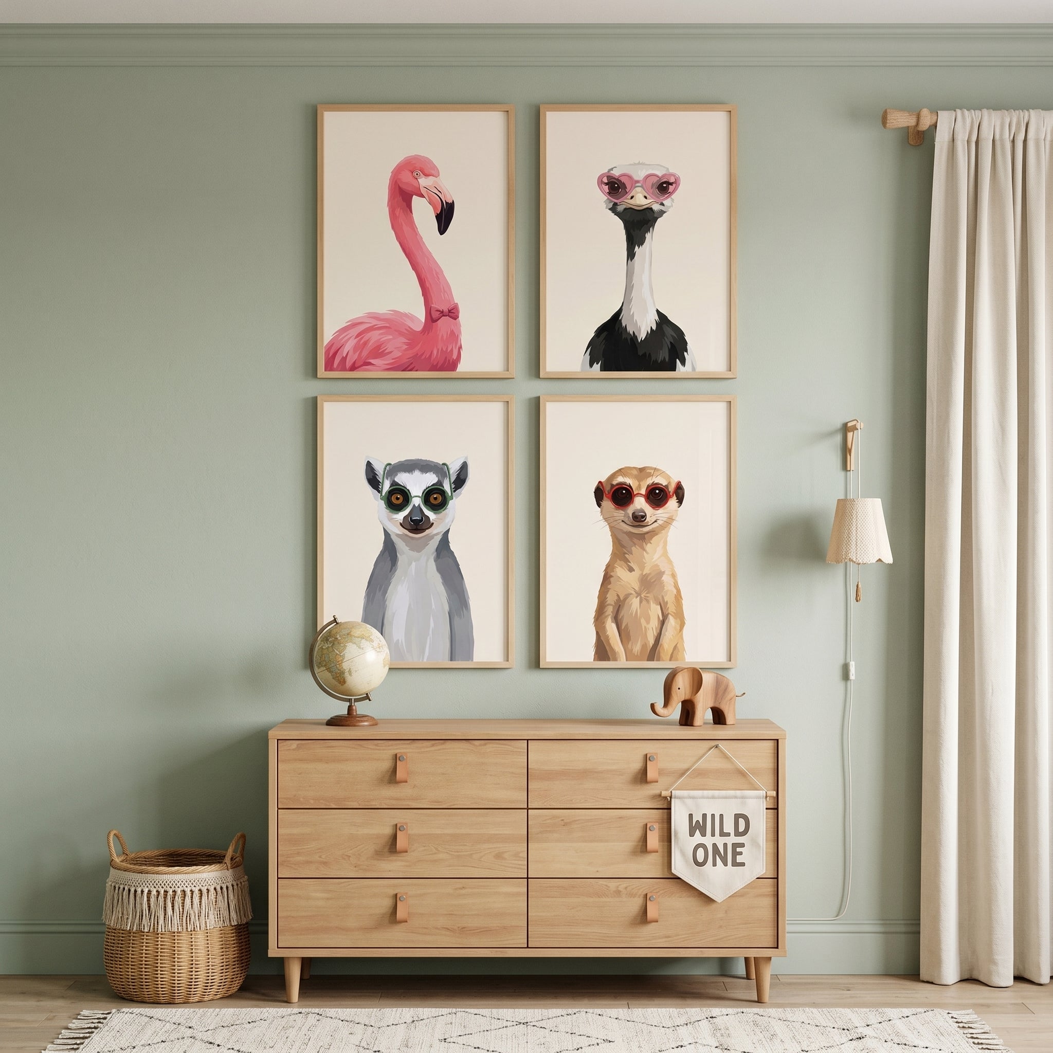 Illustrated Accessorized Safari Animals Wall Art Set of 4 - Quirky Animal Squad