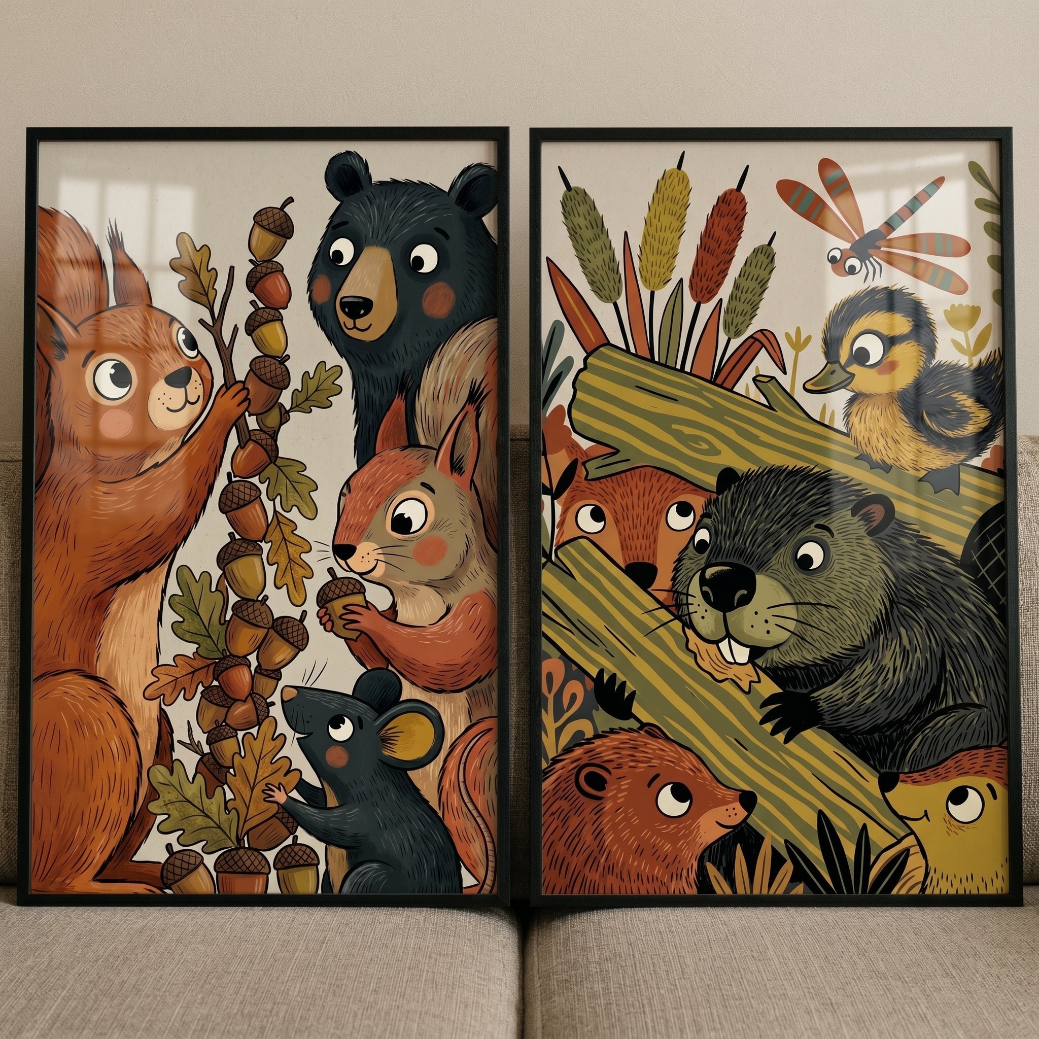 Illustrated Forest Woodland Animals Wall Art Set Of 2 - Cozy Woodland Critters