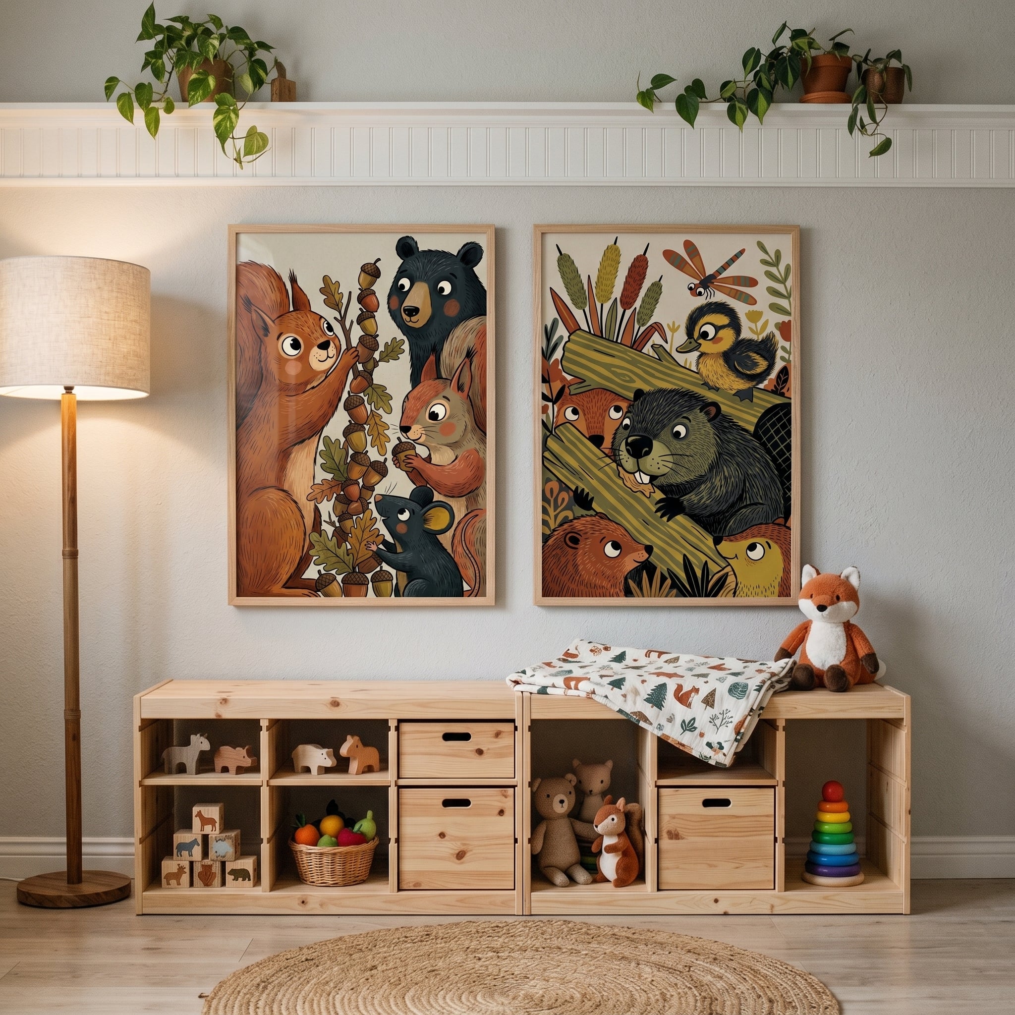 Illustrated Forest Woodland Animals Wall Art Set Of 2 - Cozy Woodland Critters