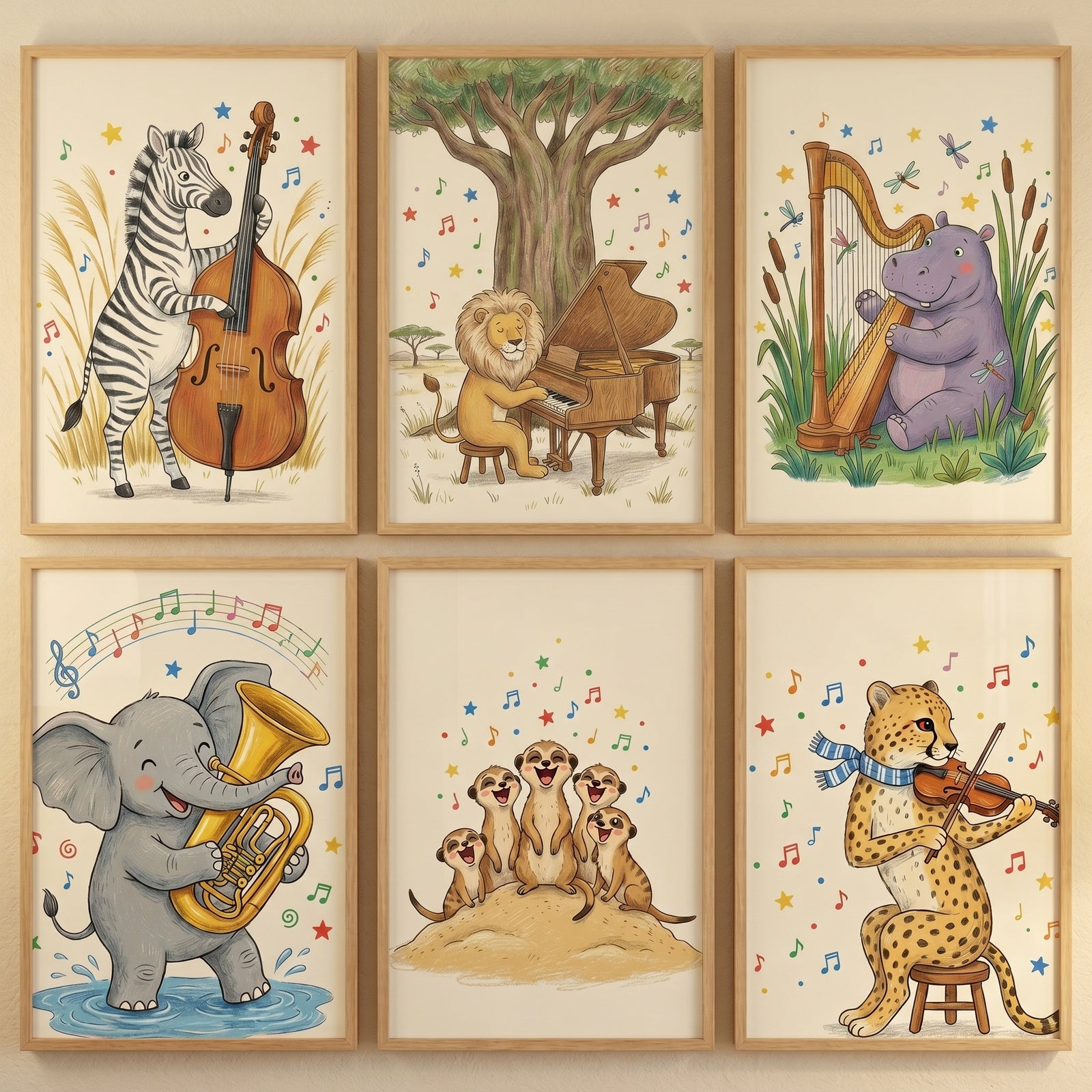Illustrated musical safari animals wall art set of 6 featuring a lion, elephant, hippo, zebra, cheetah, and meerkats.