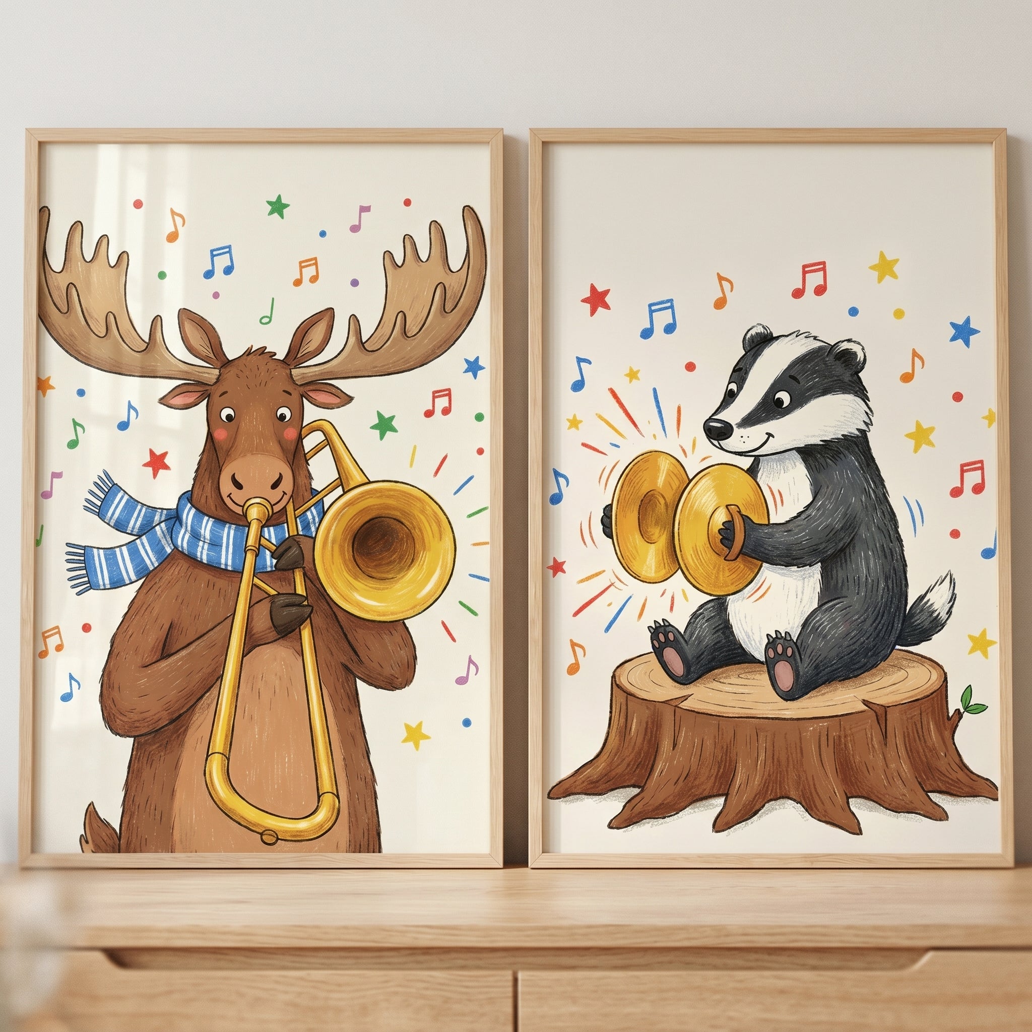 Illustrated Musical Woodland Creatures Artwork Set Of 2 - Whimsical Woodland Melodies