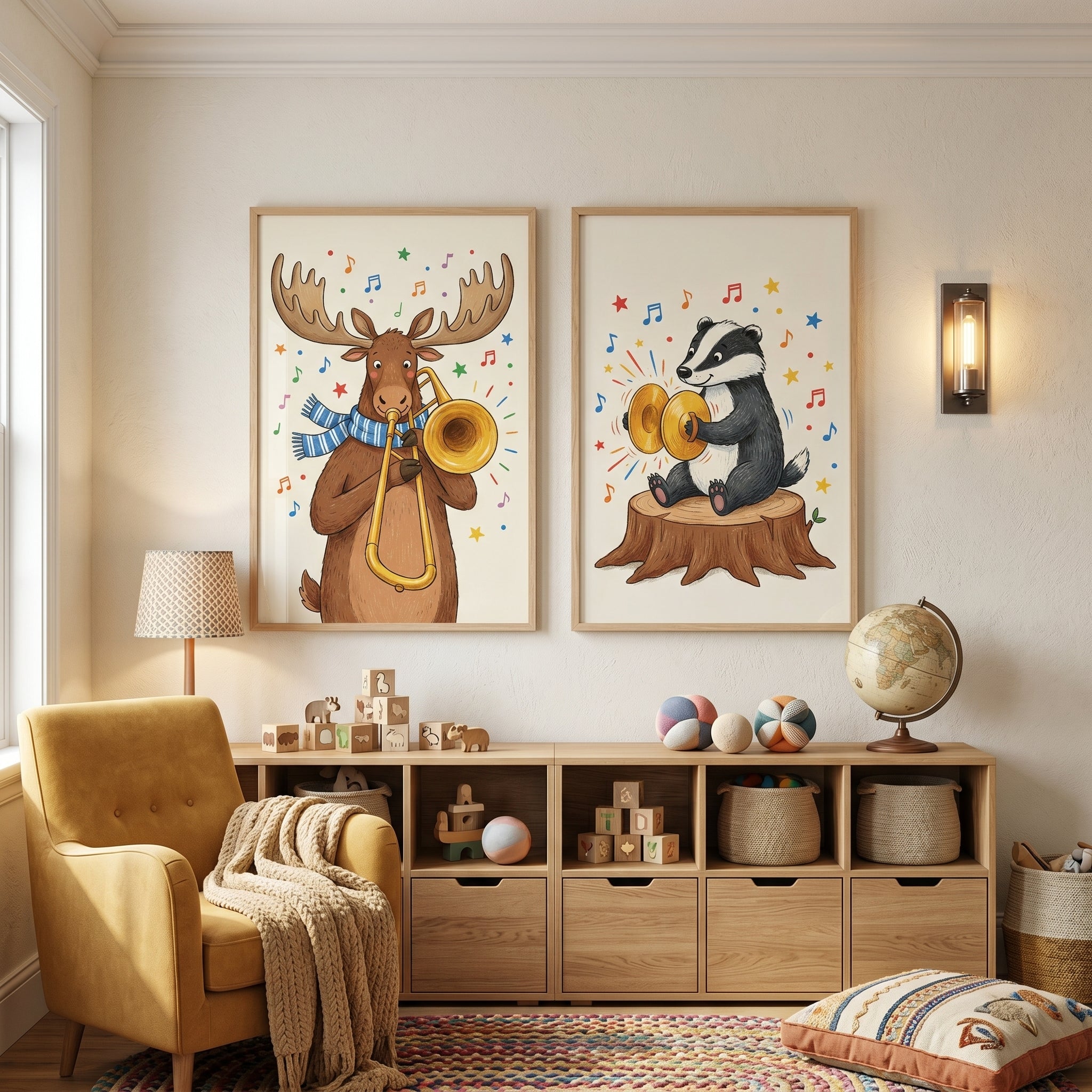 Illustrated Musical Woodland Creatures Artwork Set Of 2 - Whimsical Woodland Melodies