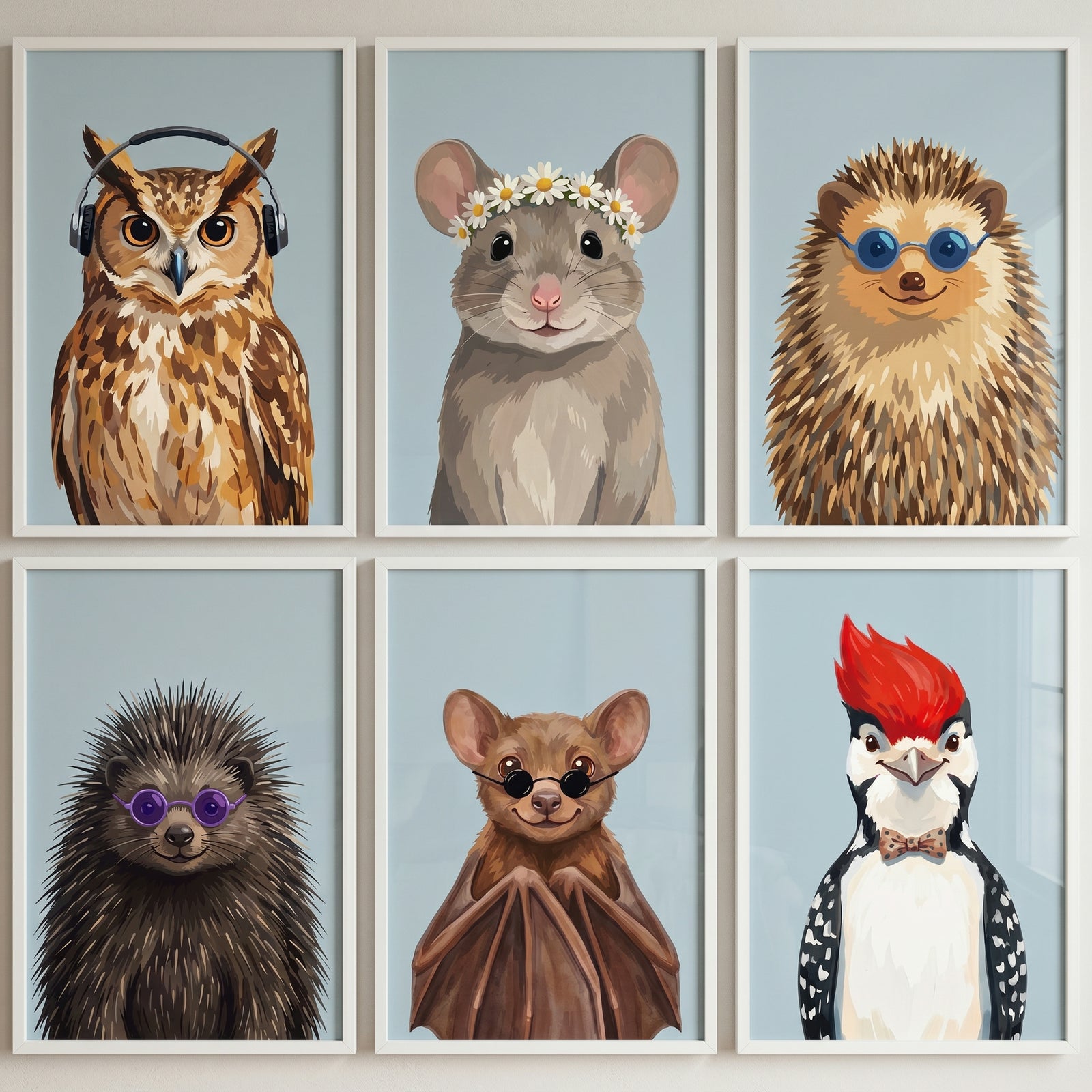 illustrated portrait forest animal artwork set of 6 featuring an owl, mouse, hedgehog, porcupine, bat, and woodpecker.