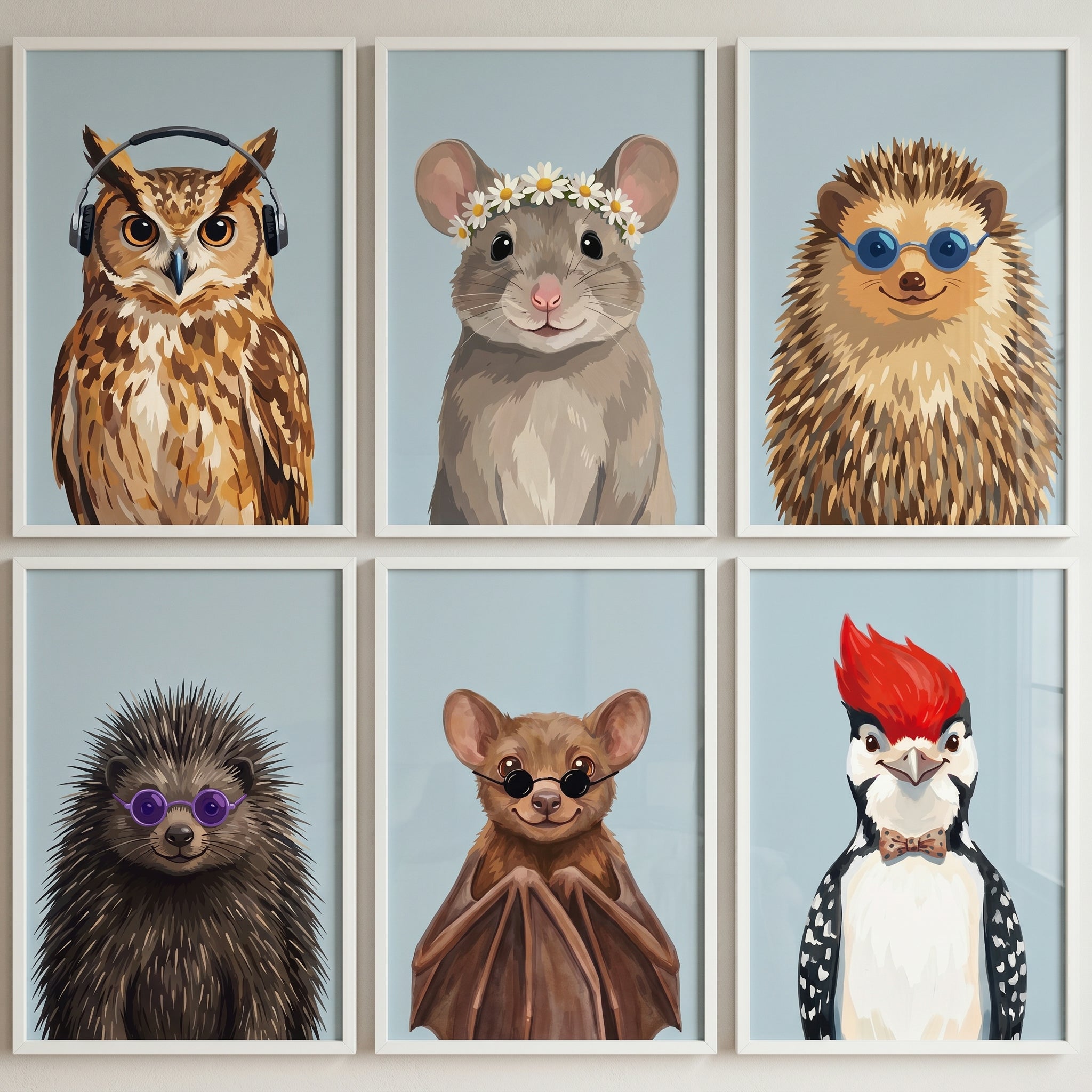 Illustrated Portrait Forest Animal Artwork Set of 6 - Whimsical Forest Friends