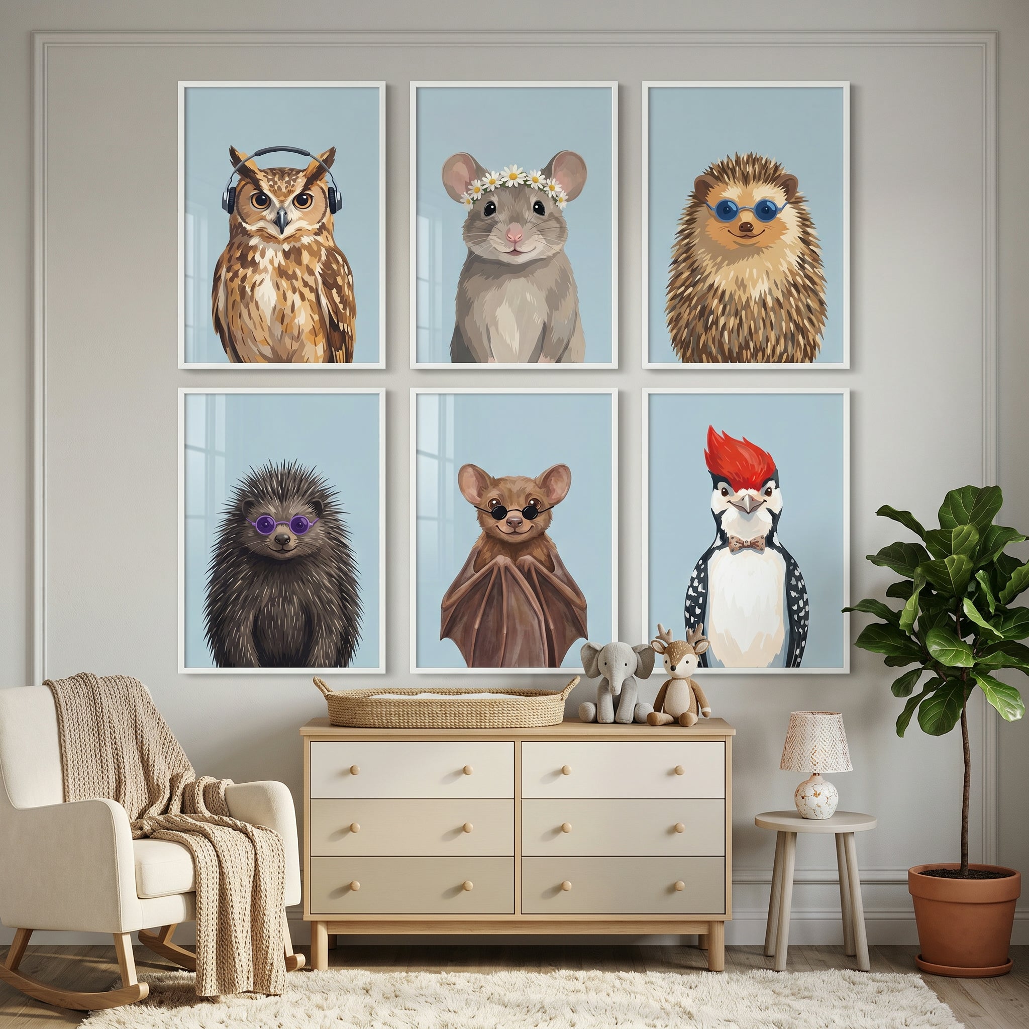 Illustrated Portrait Forest Animal Artwork Set of 6 - Whimsical Forest Friends