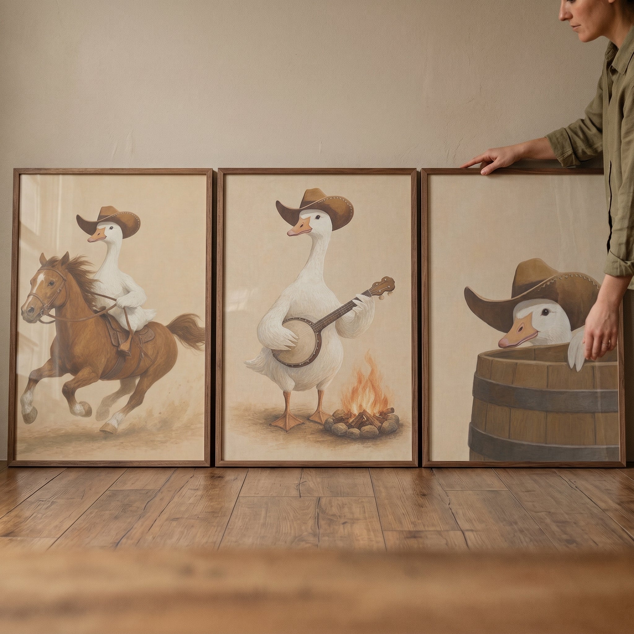 Illustrated Rancher White Goose Wall Art Set of 3 - Honking Cowboy Life