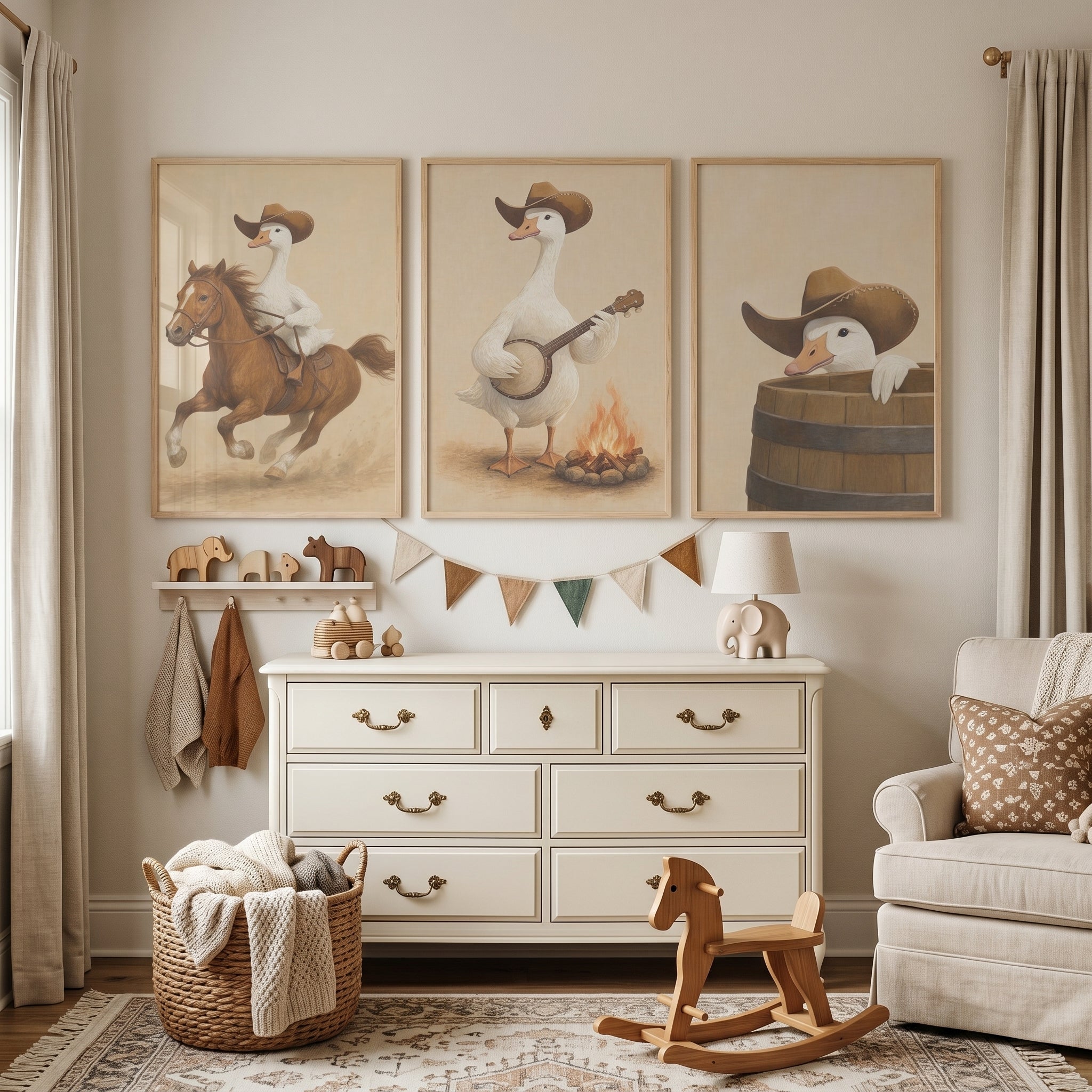 Illustrated Rancher White Goose Wall Art Set of 3 - Honking Cowboy Life
