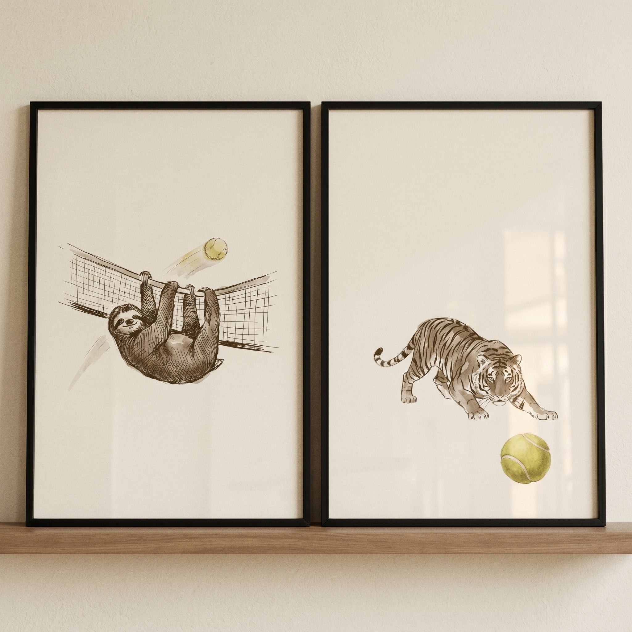 Illustrated Sage Tennis Animals Wall Art Set of 2 - Wild Sports Day