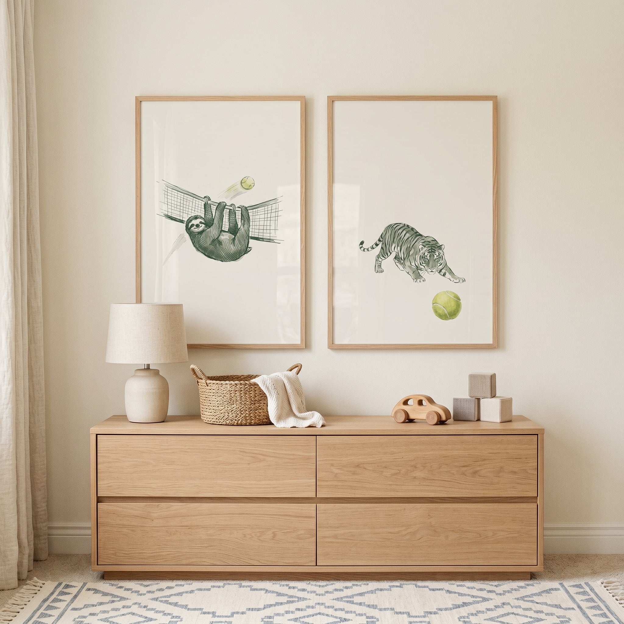Illustrated Sage Tennis Animals Wall Art Set of 2 - Wild Sports Day
