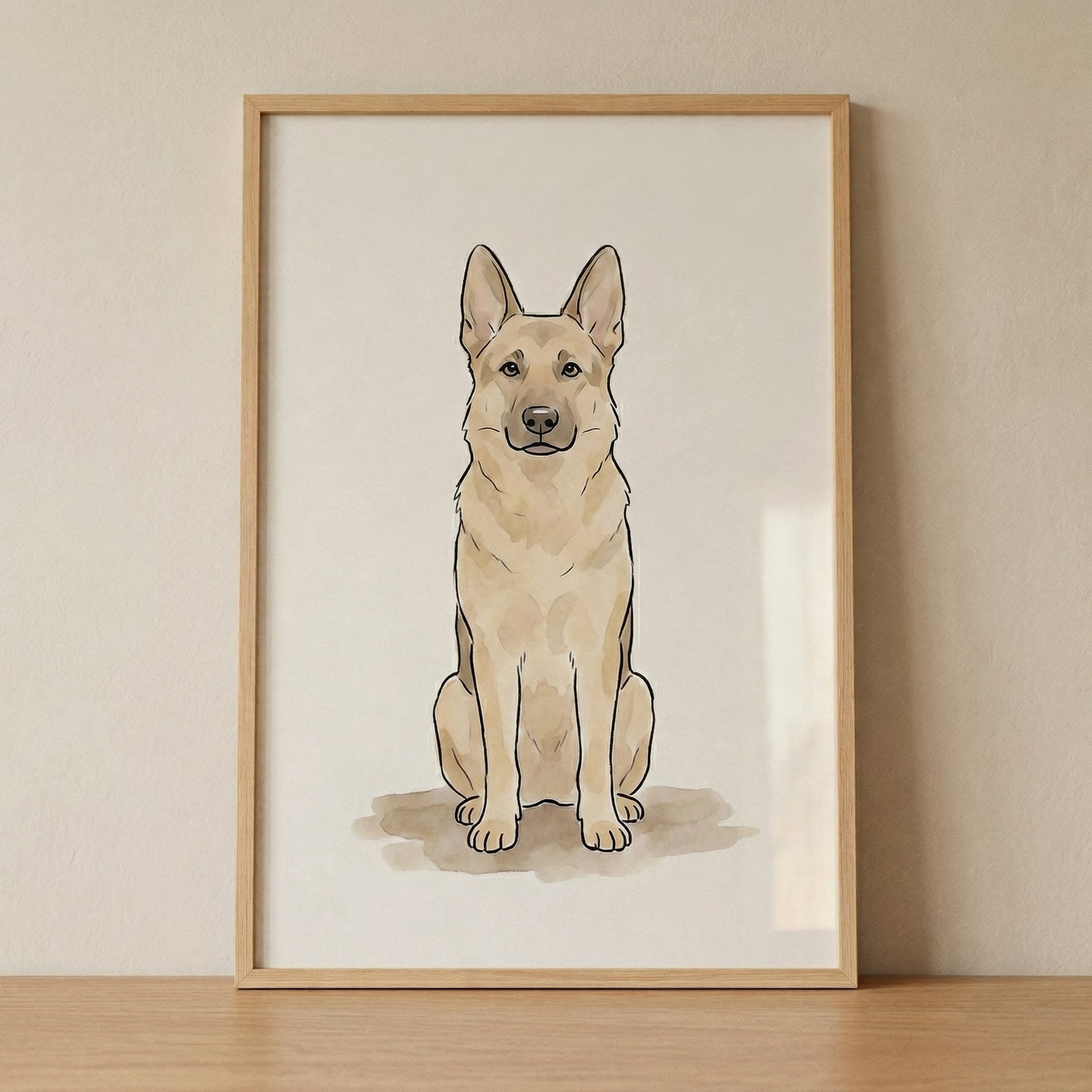 A vertical, minimalist digital illustration of a tan German Shepherd dog sitting and facing forward. The dog is depicted with clean black outlines and soft, watercolor-style shading in various shades of beige and light brown. 