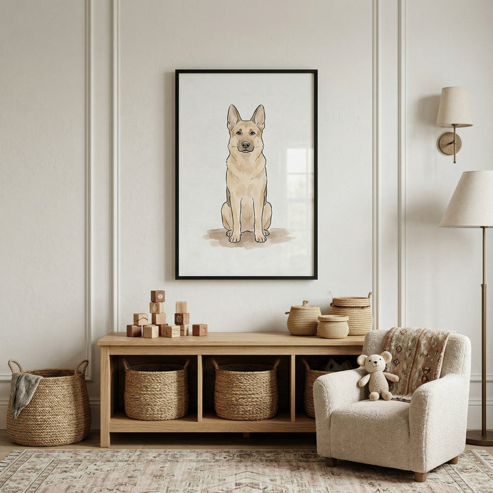 A neutral-toned room with white paneled walls. A black-framed illustration of a tan, pointed-ear dog hangs above a light wood console with three woven baskets in its cubbies. Small wooden blocks and woven containers sit on the console. 