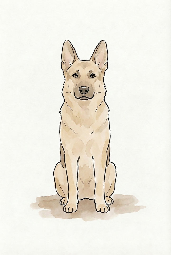 Watercolor illustration of a German shepherd sitting facing forward with alert ears and a calm expression. The centered composition draws attention to the dog’s symmetrical posture and strong build.

