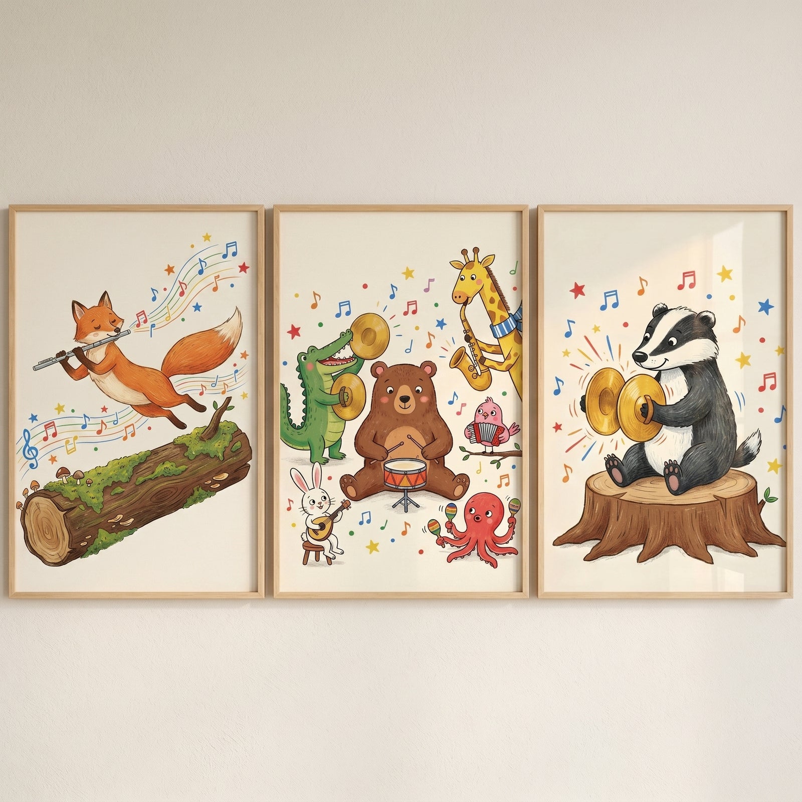 Illustrated whimsical animal orchestra wall art set of 3 featuring a fox, badger, and other animals playing instruments.