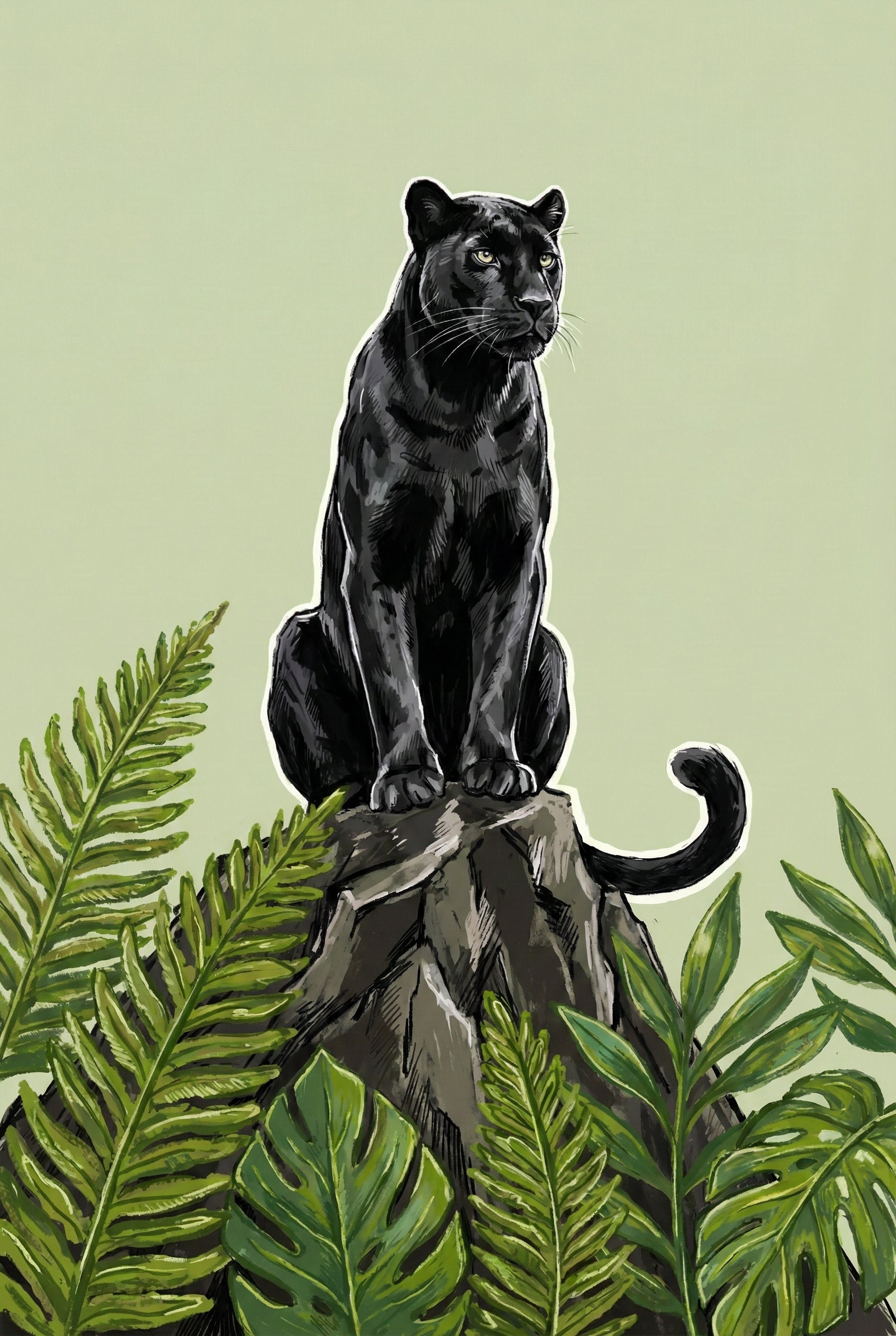 A digital illustration of a majestic black wild cat with sleek fur sitting atop a textured grey rock. The animal is in an upright, alert pose, looking slightly to its right with piercing yellow eyes. Fine grey highlights define its musculature and fur texture, and a thin white border outlines its silhouette. At the base of the rock, lush green tropical foliage, including detailed ferns and broad-leafed plants, frames the composition. The background is a solid, pale sage green.