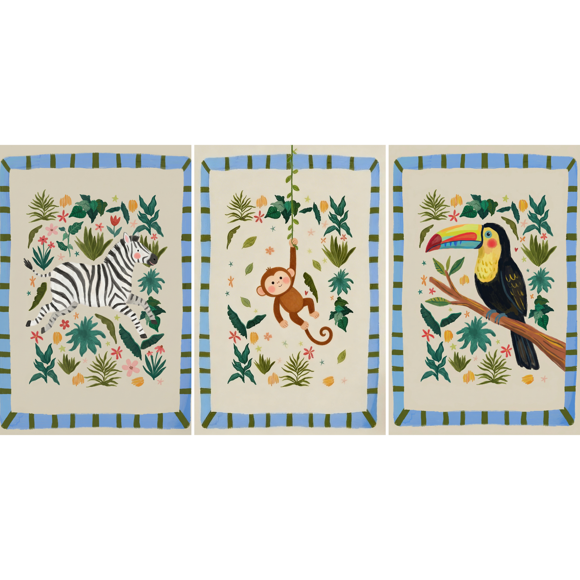 Illustrative Botanical Jungle Animal Wall Art Set of 3 - Jungle Animal Trio