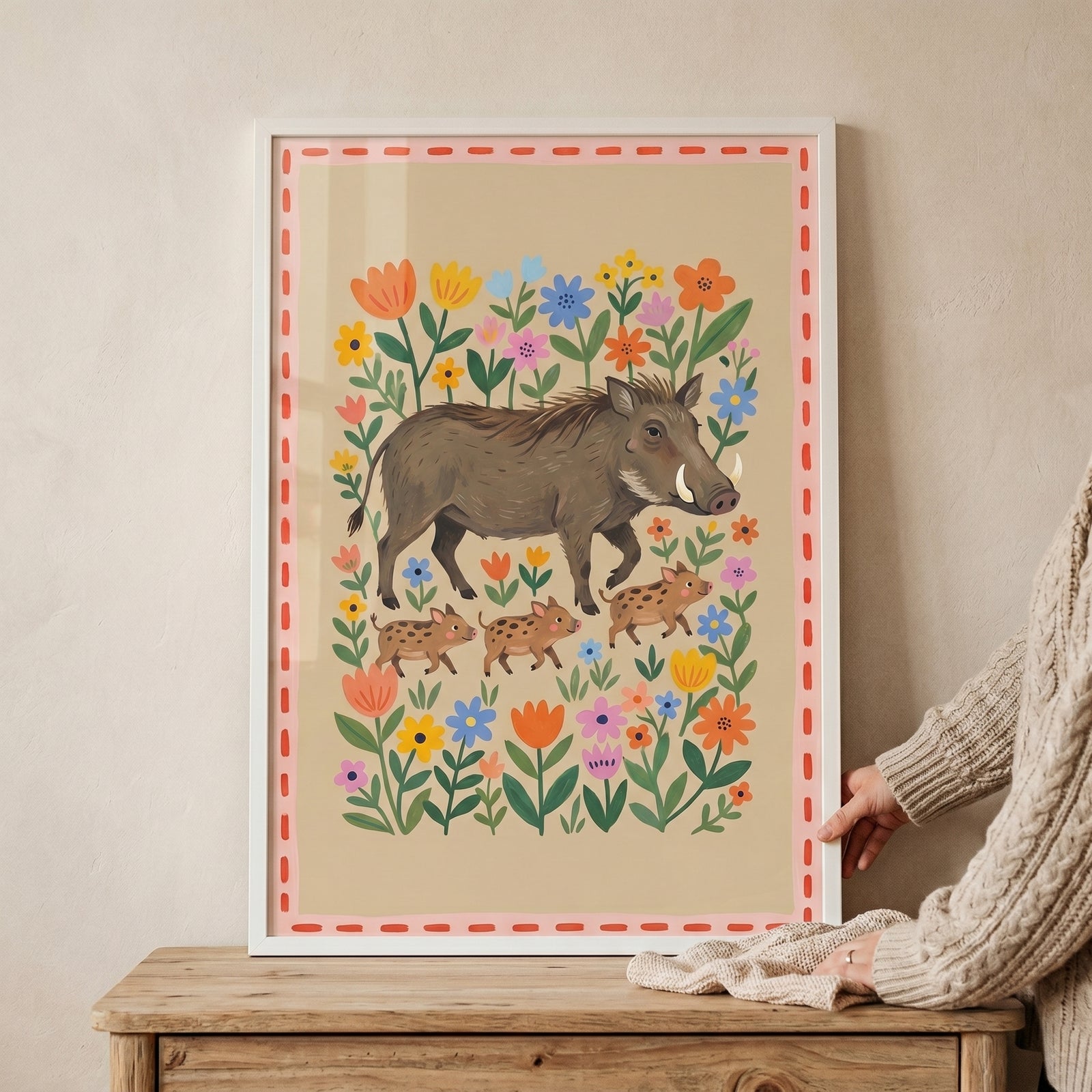Illustrative floral garden boar wall art shows a large boar and three piglets walking through colorful flowers.