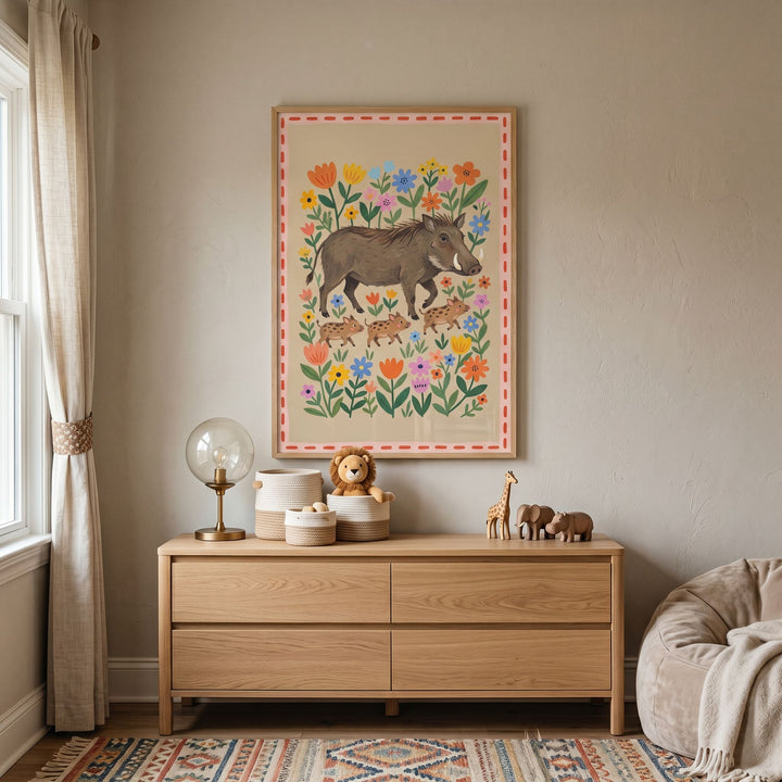 illustrative floral garden boar wall art hangs above a wood dresser in a neutral room with toys and a beanbag chair.