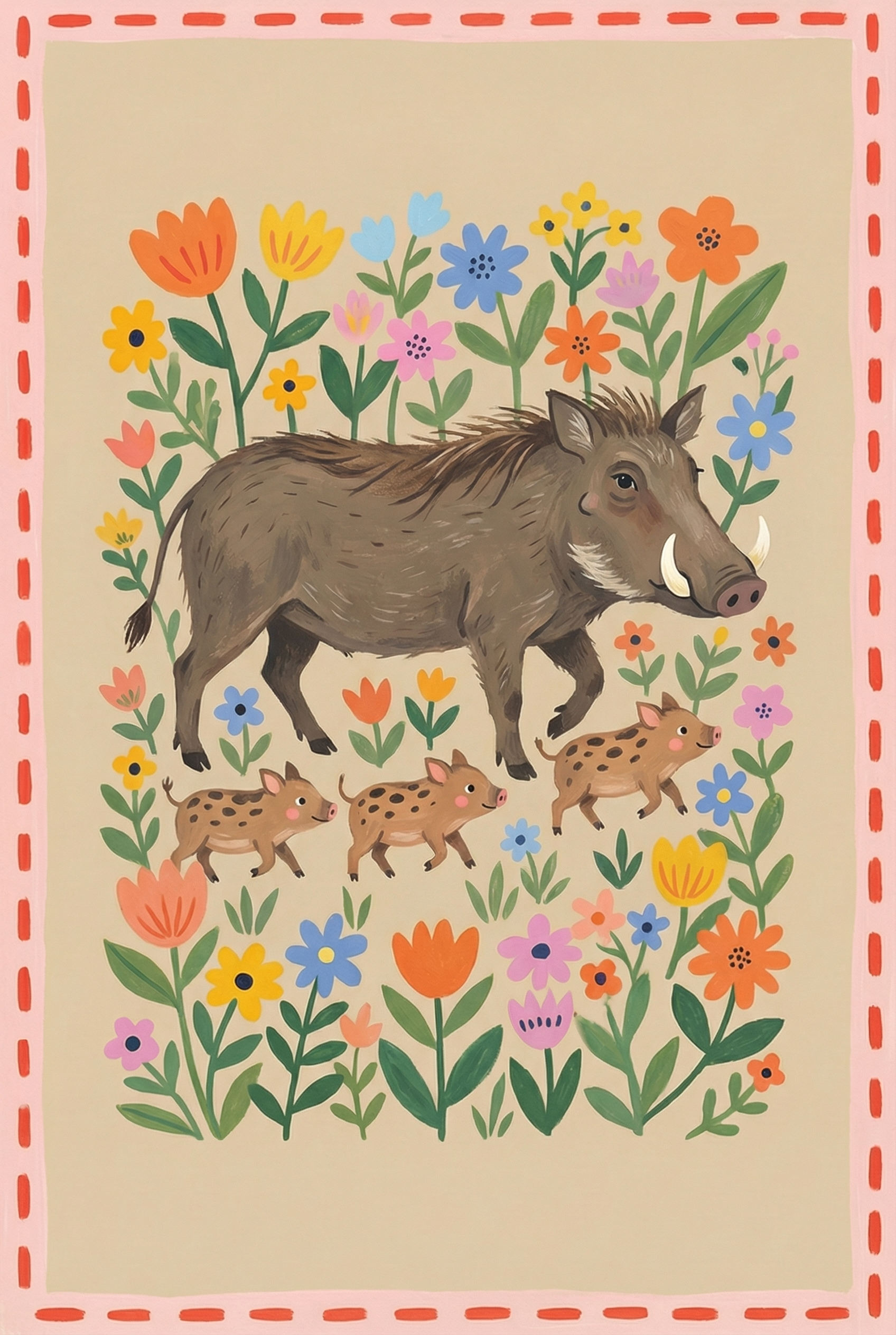 Illustrative Floral Garden Boar Wall Art - Floral Boar Family