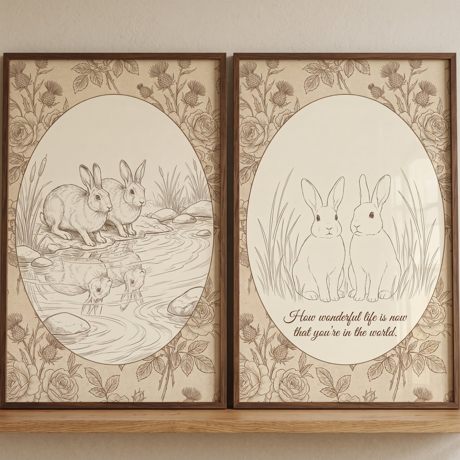 Two framed sepia rabbit sketches with floral borders in an illustrative floral sketch rabbit wall art set of 2.