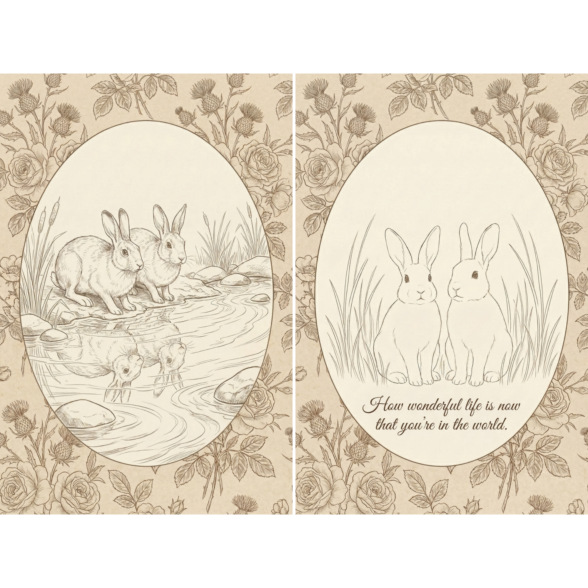 Illustrative Floral Sketch Rabbit Wall Art Set of 2 - Sweet Bunny Duo