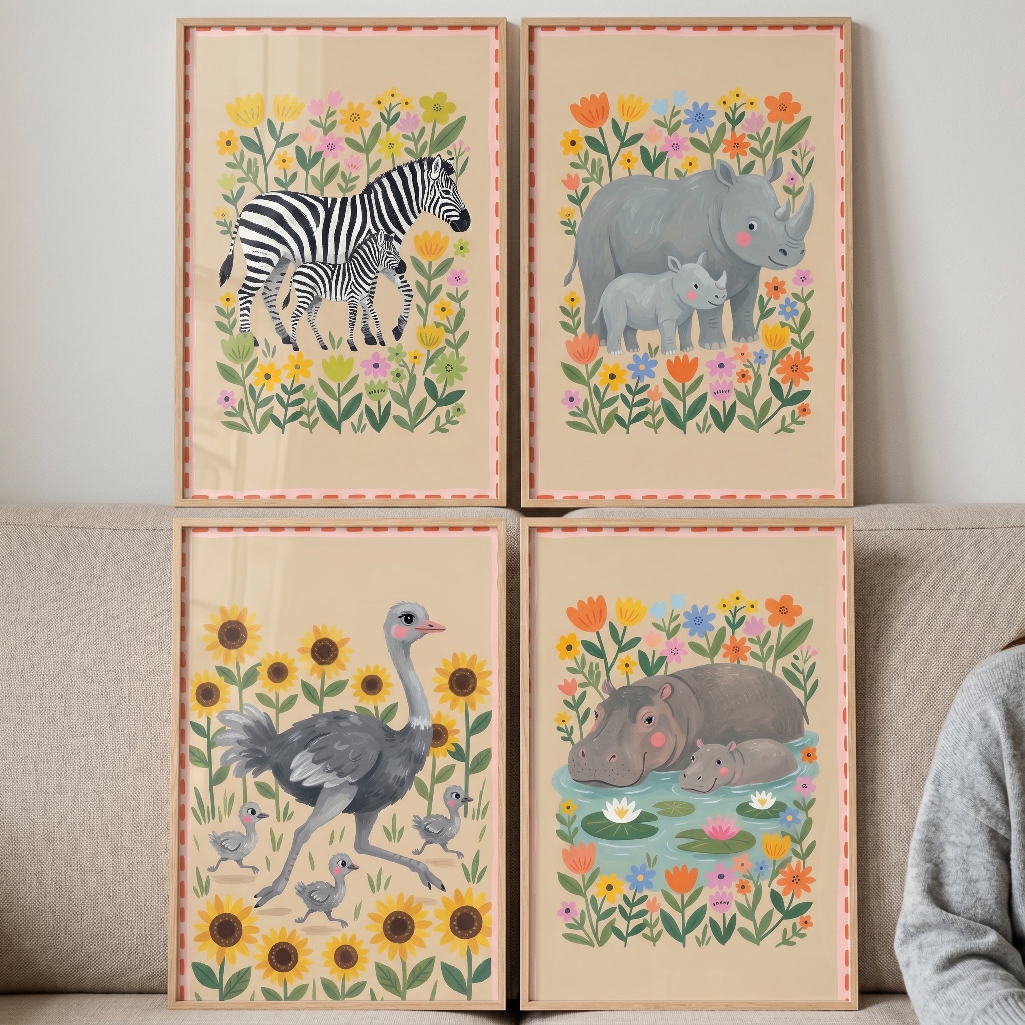 Illustrative Garden Safari Animals Wall Art Set Of 4 - Savanna Family Art